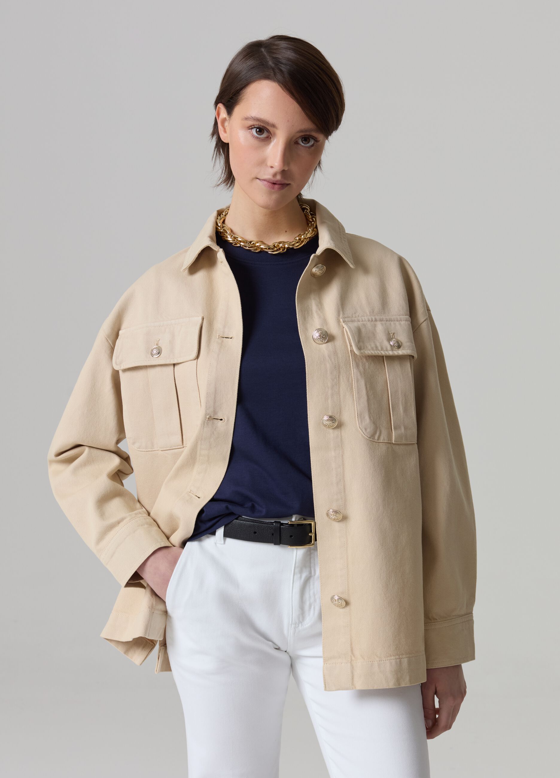 Shacket in twill con bottoni lavorati