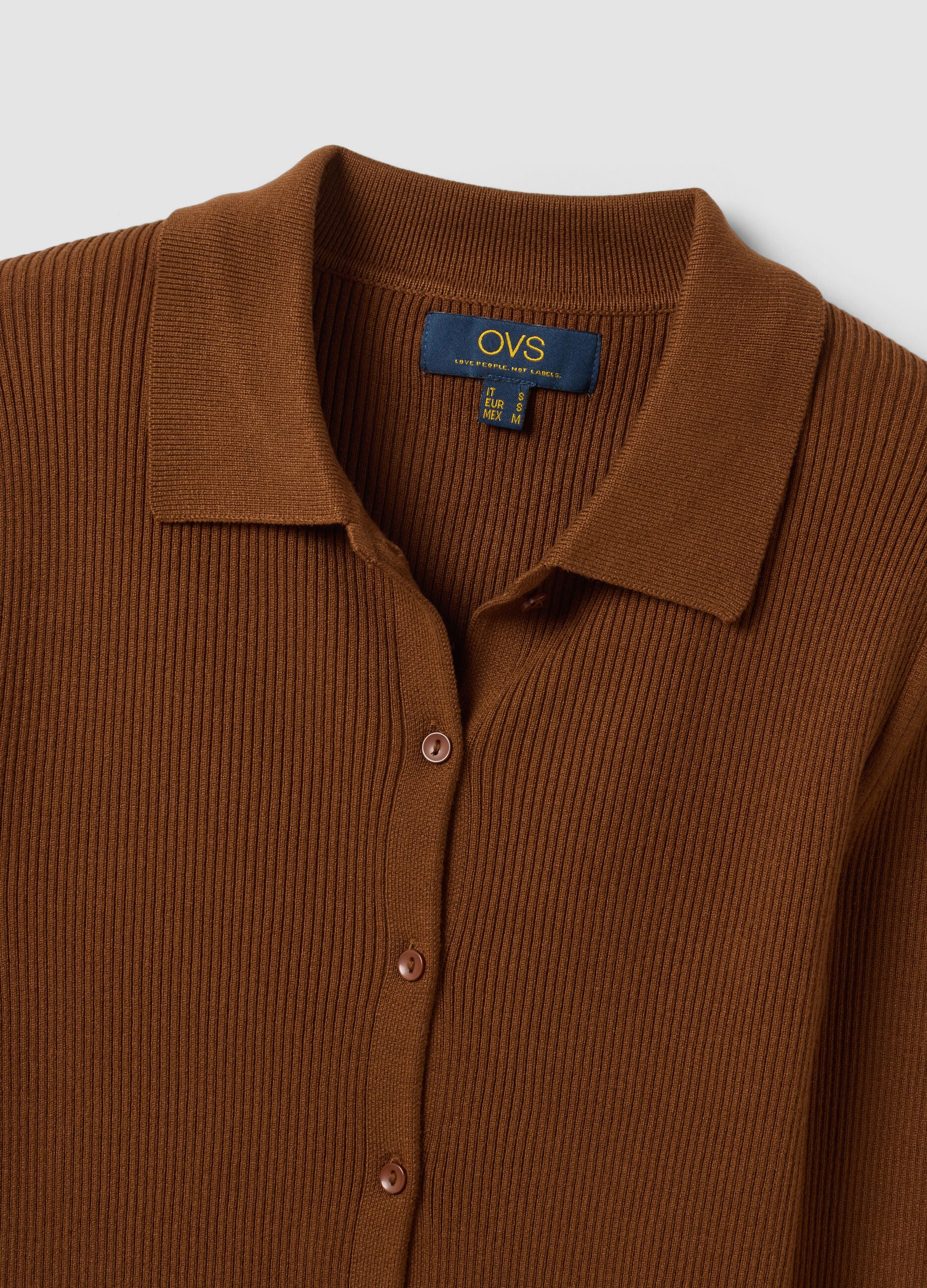 Brown fitted ribbed viscose-blend cardigan with polo collar