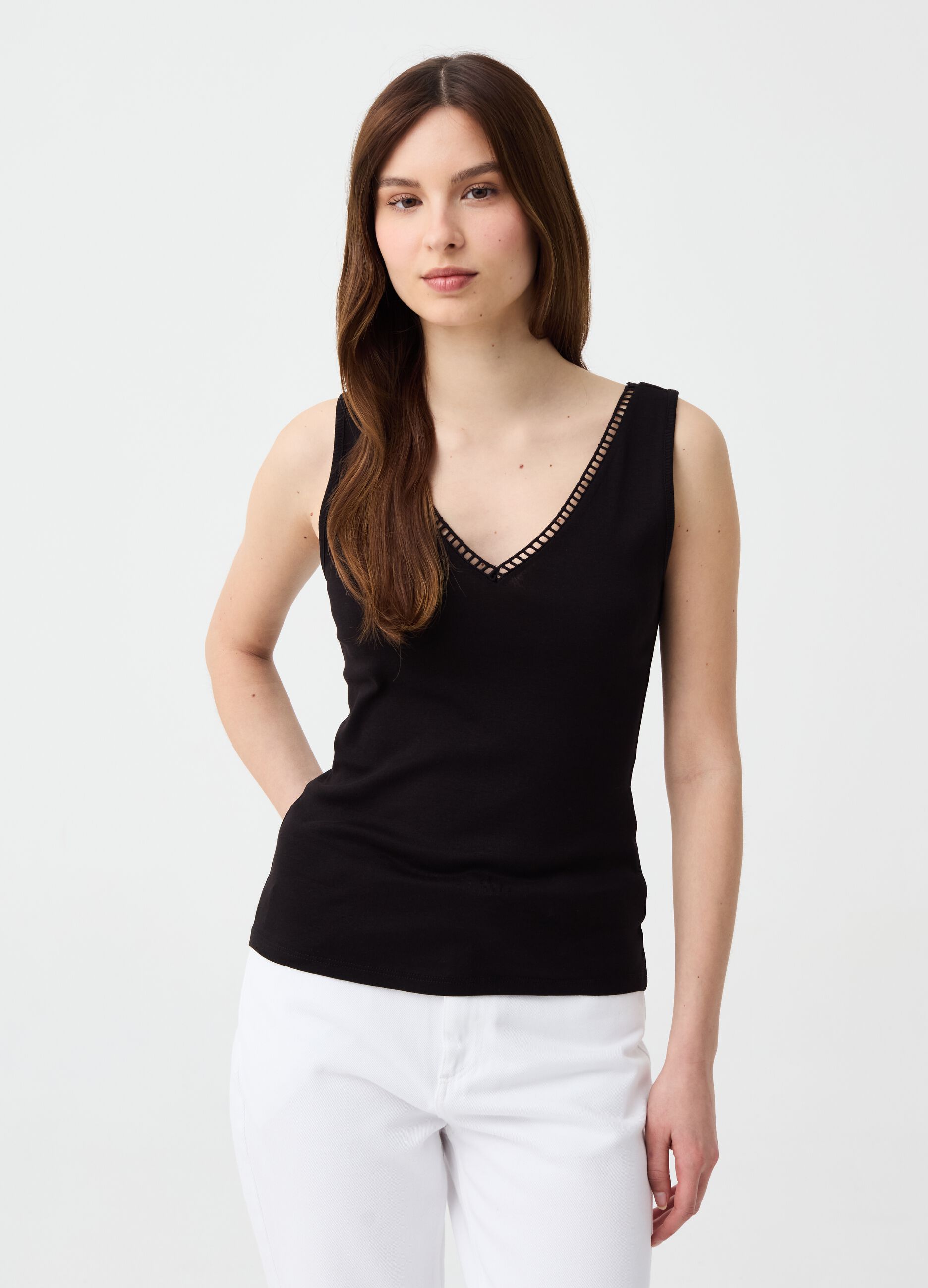 Tank top with V neck and openwork edging