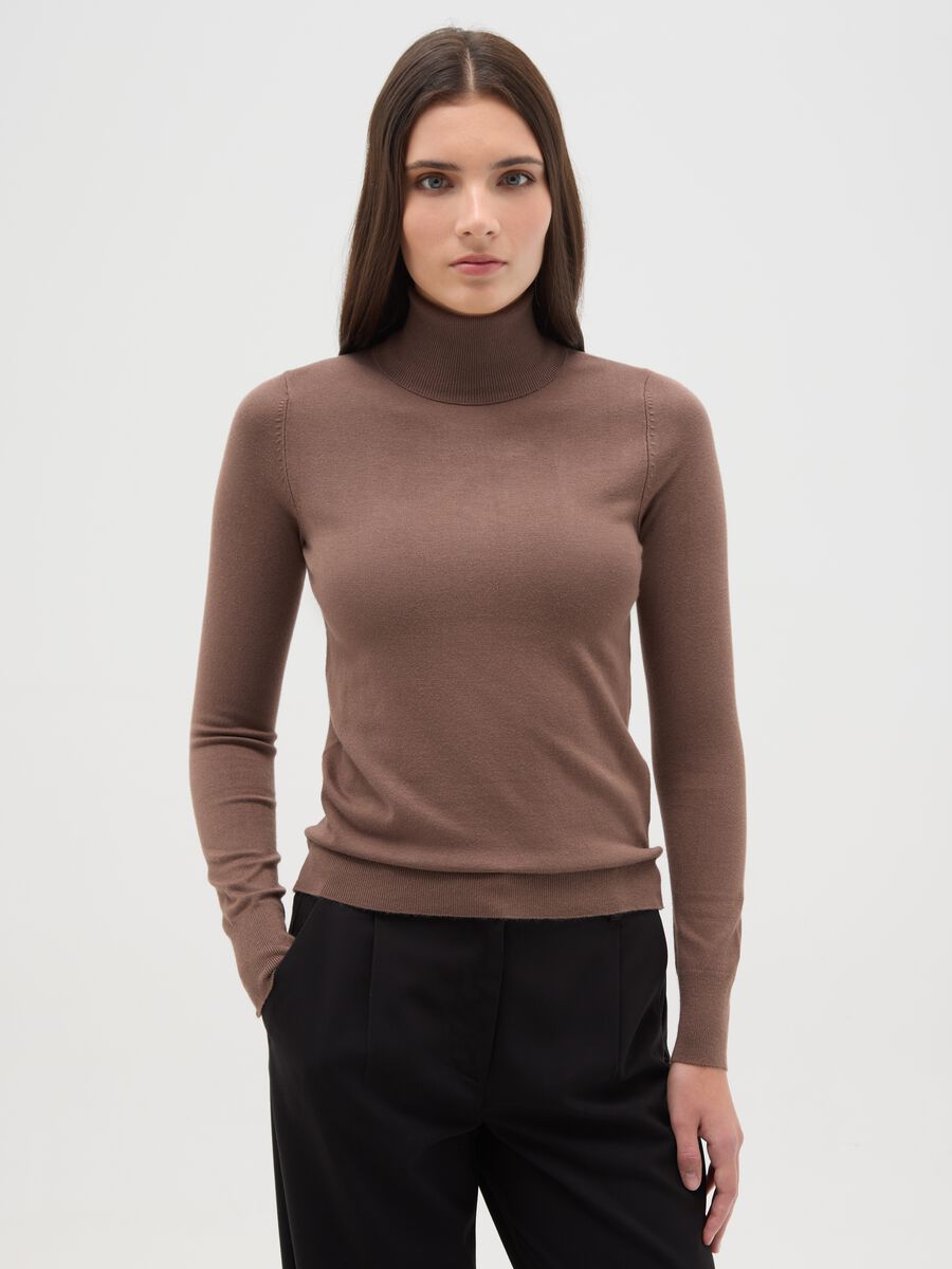 Brown ribbed high-neck sweater with regular fit_0