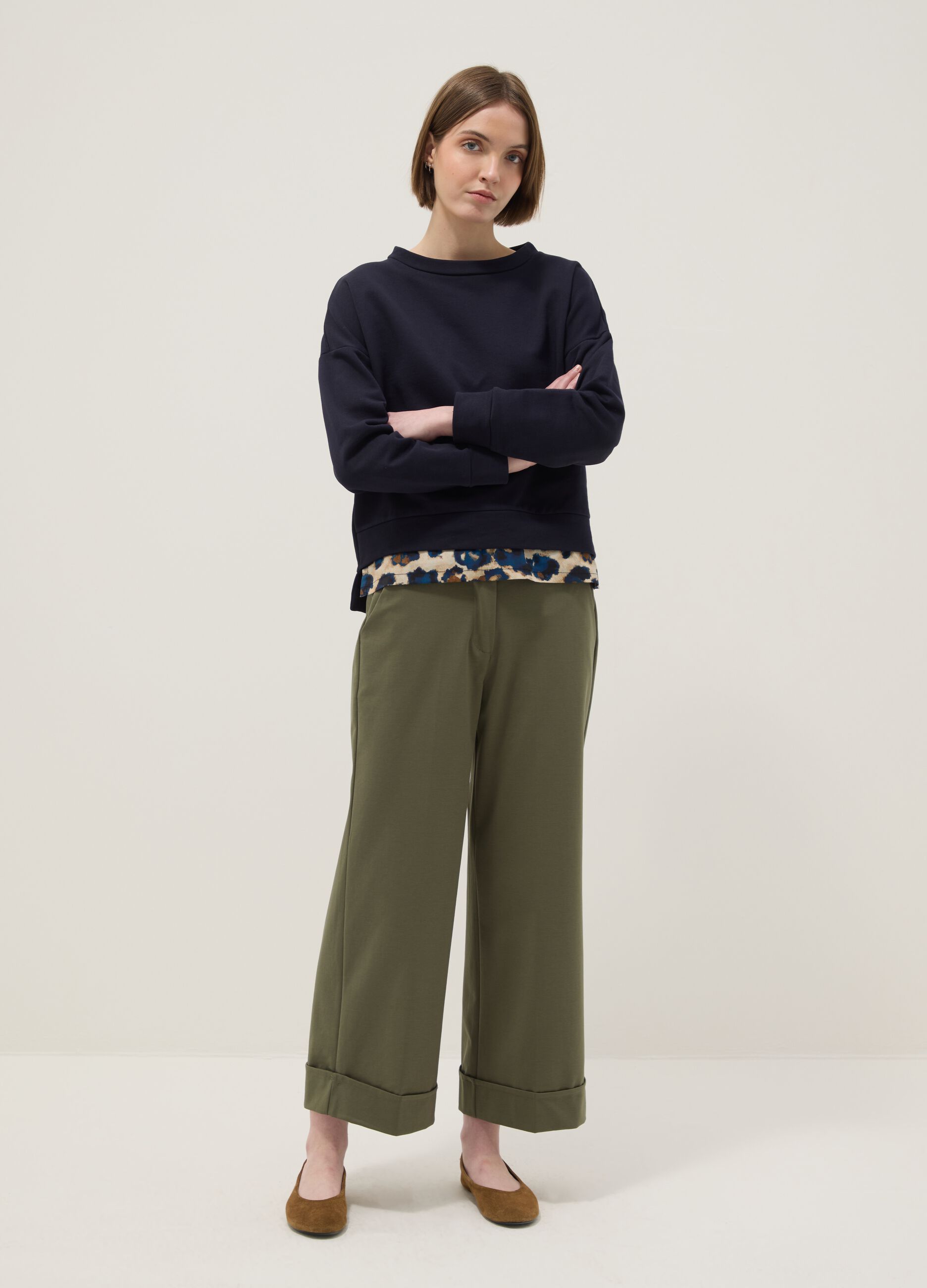 Pantaloni wide leg in misto cotone elasticizzato verdi regular fit