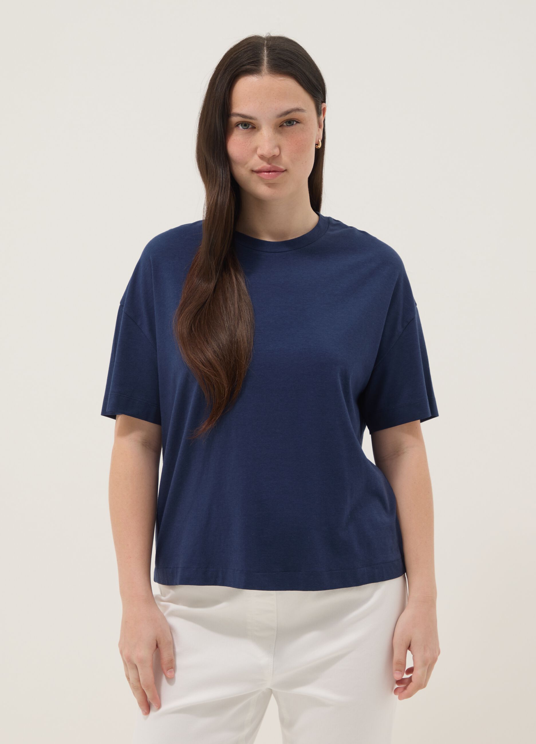 Blue short-sleeved T-shirt in stretch cotton and modal
