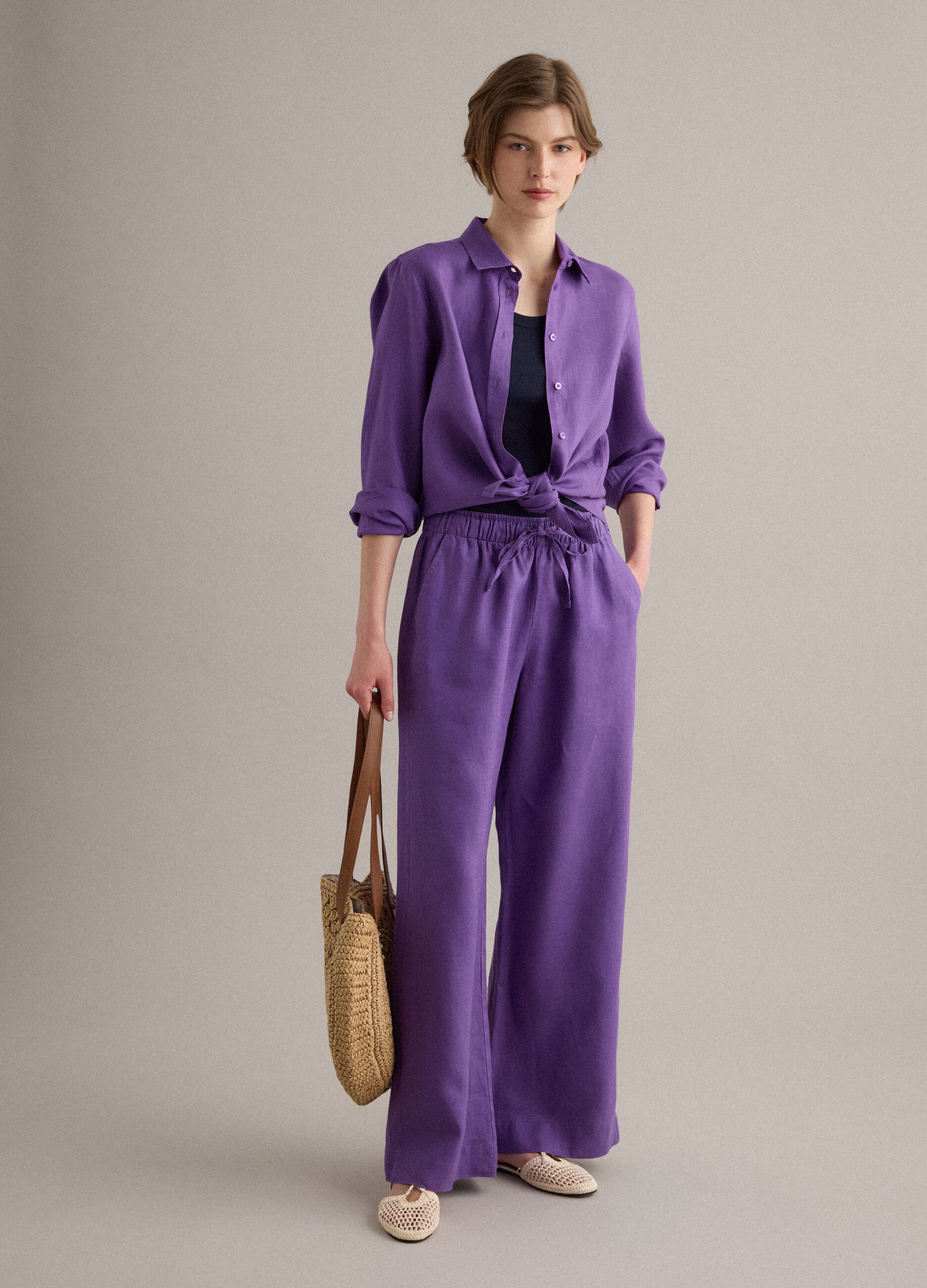 Purple pure linen straight-fit drawstring trousers
