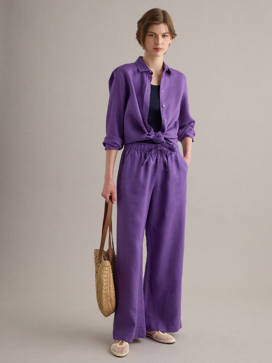 Purple pure linen straight-fit drawstring trousers_0