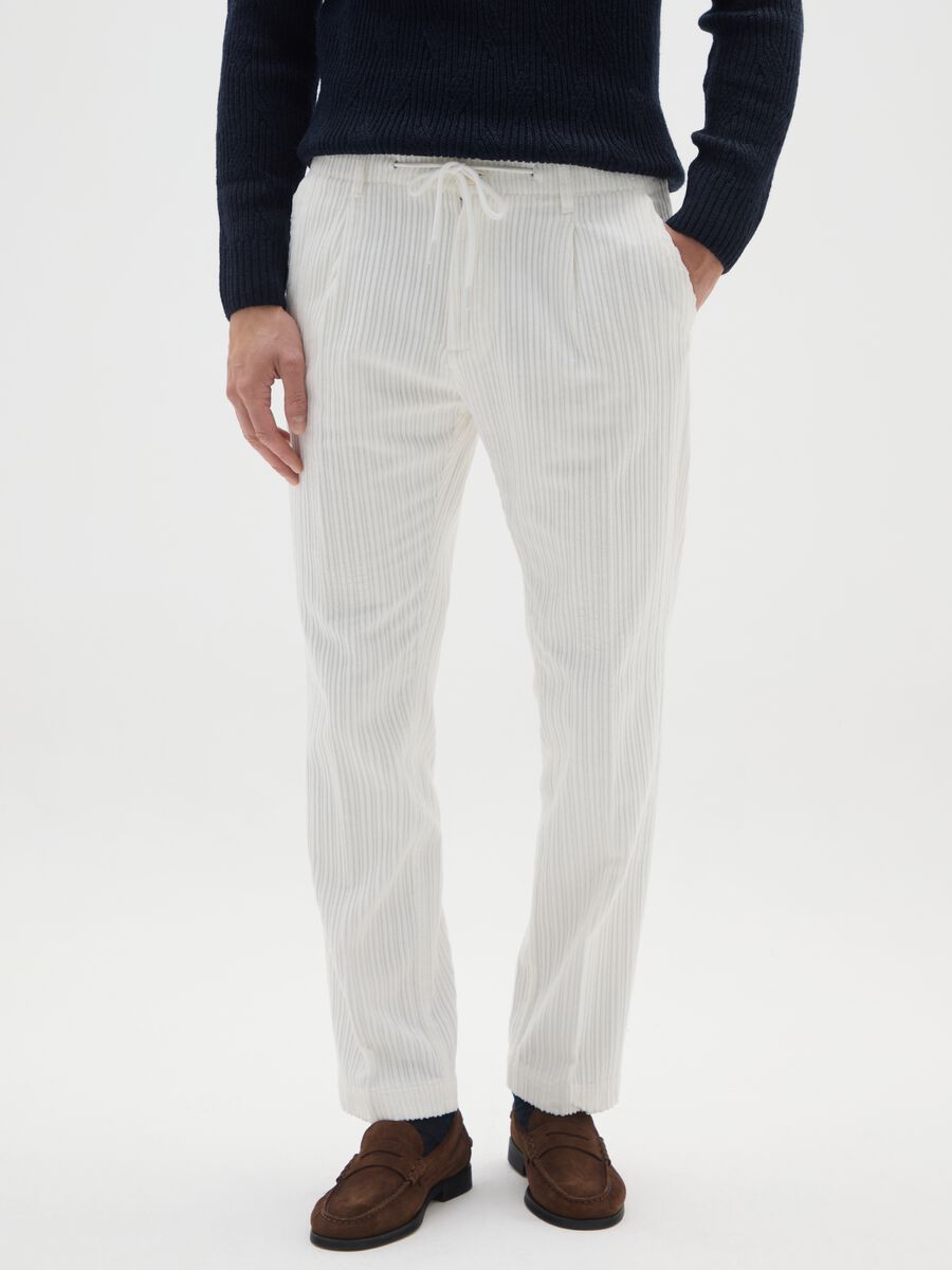 White pure cotton regular fit corduroy trousers_1