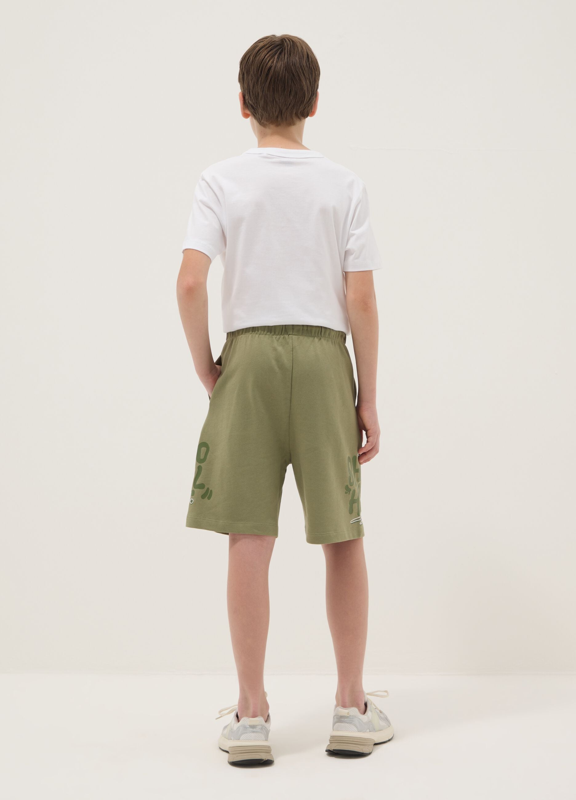 Green pure cotton Bermuda shorts with elasticated waist
