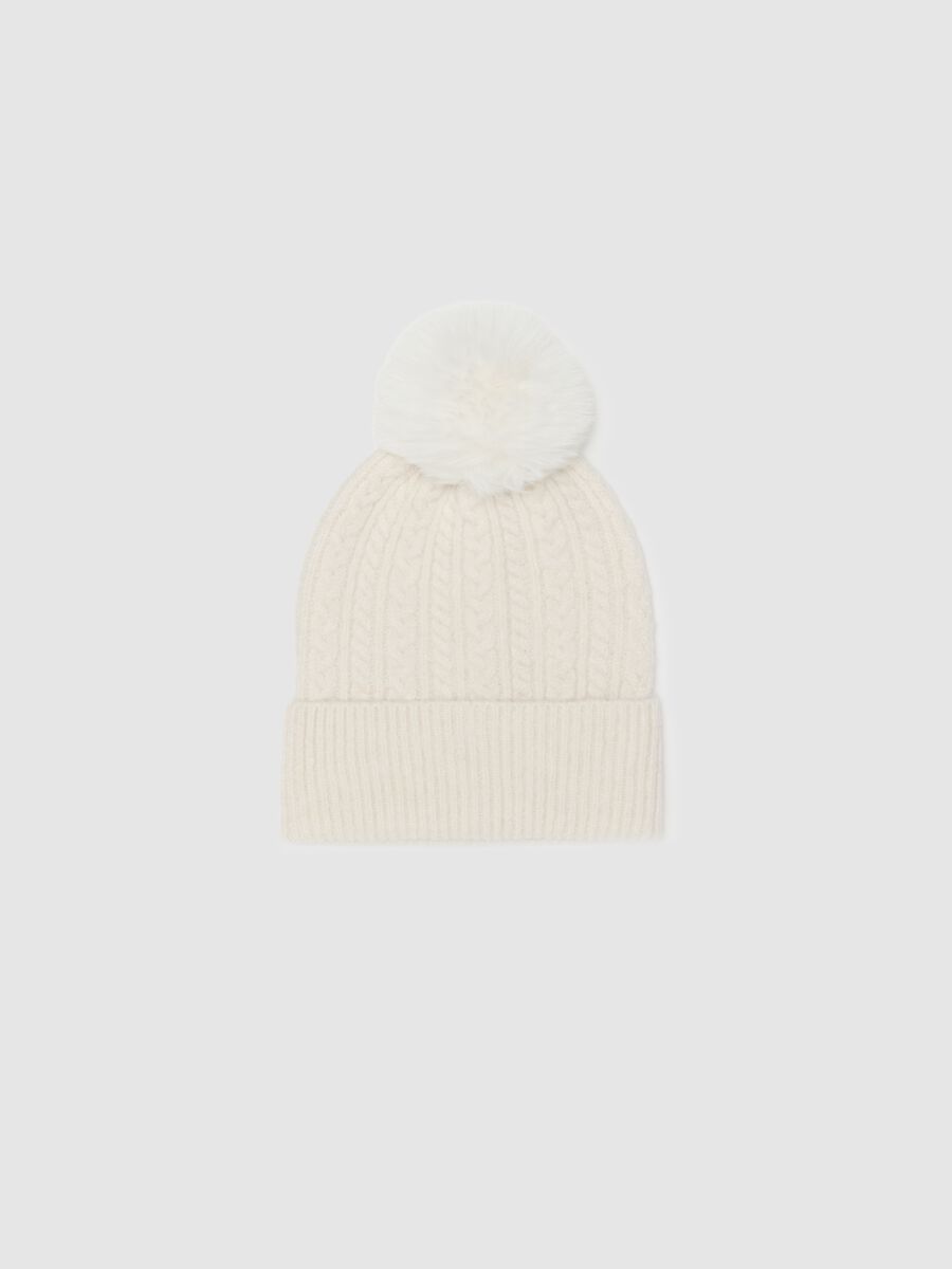 Berretto beanie bianco lavorato a maglia con pompon_0