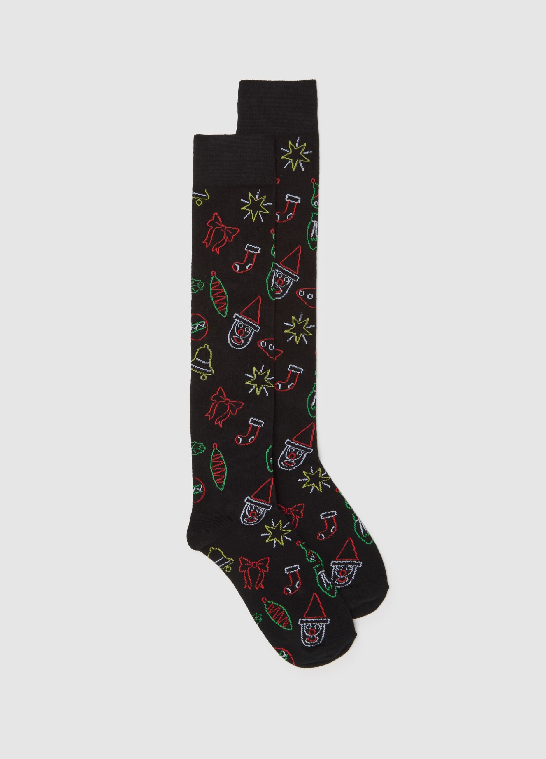 Black cotton blend Christmas long socks