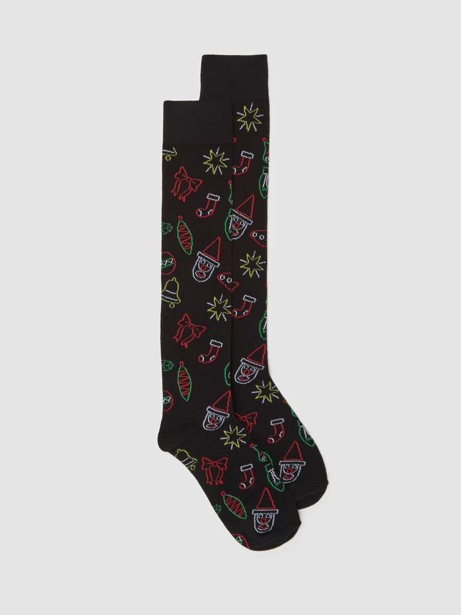 Black cotton blend Christmas long socks_0
