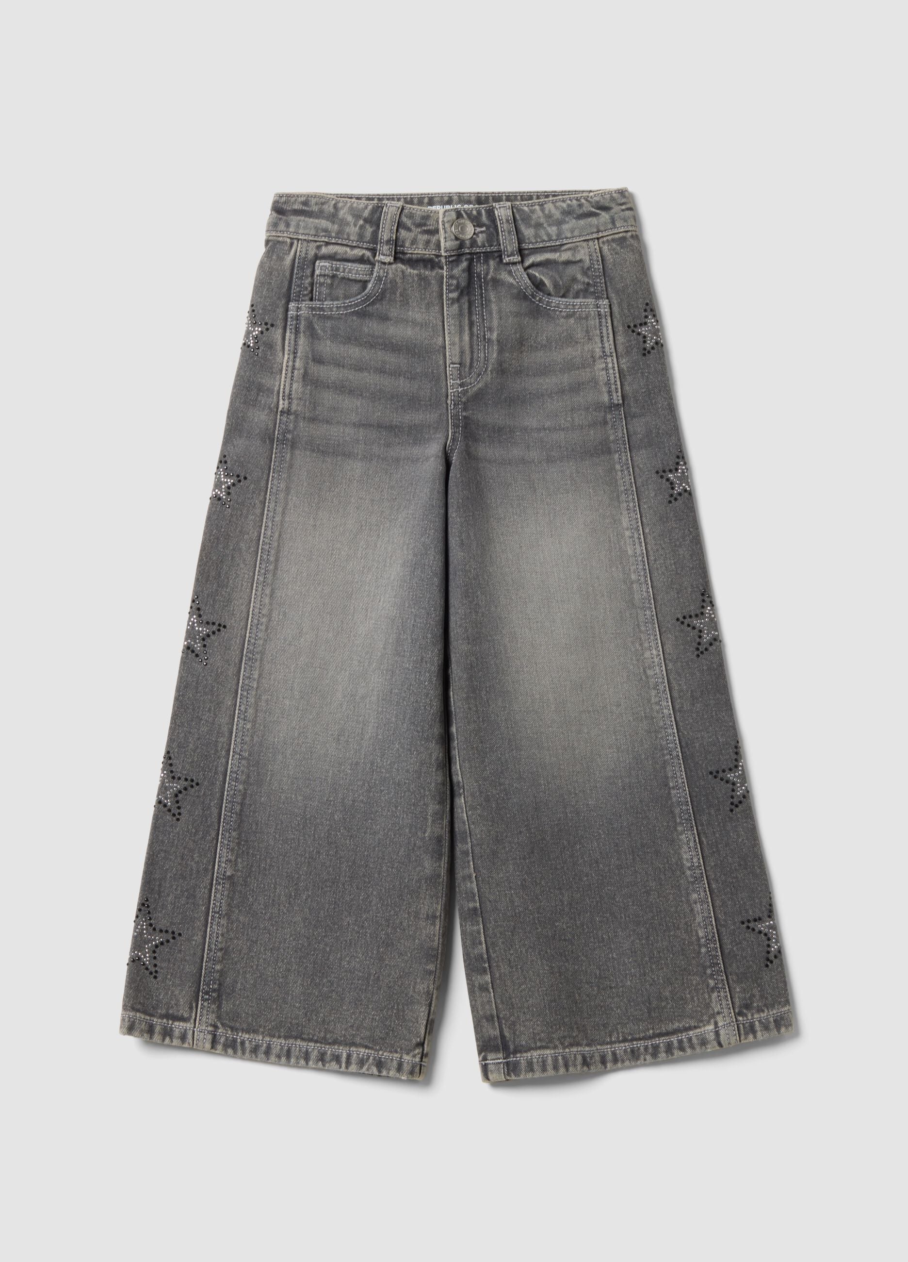 Grey wide-leg pure cotton jeans with star details for girls