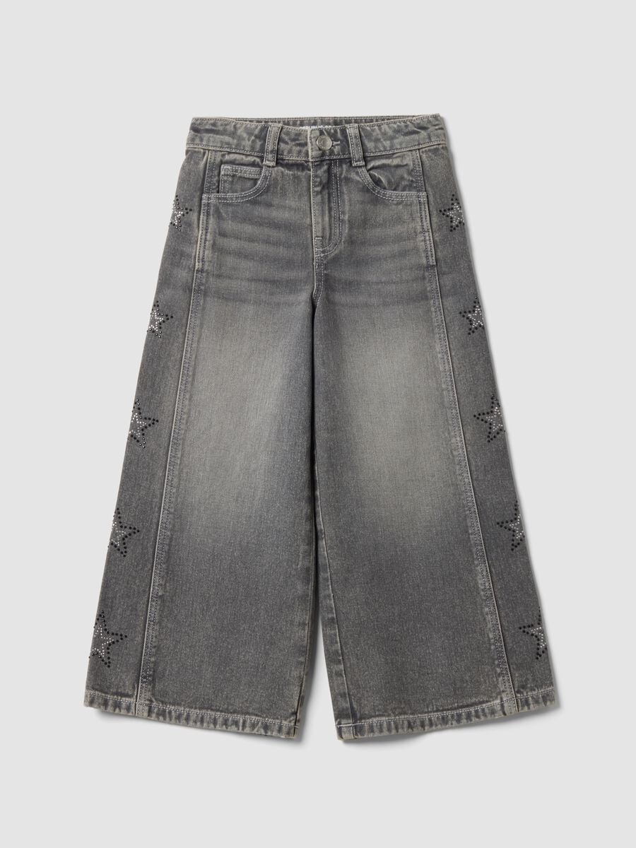 Jeans grigi wide leg in puro cotone con stelle per bambina_0