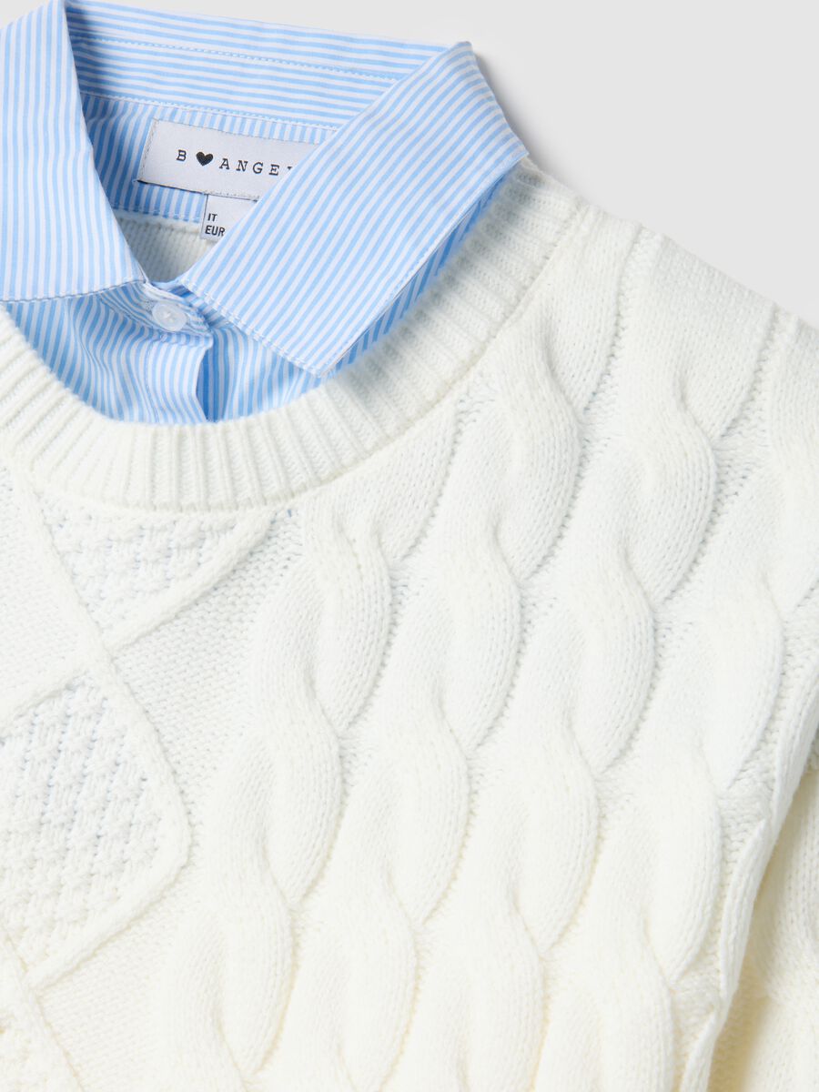 White cotton blend sweater regular fit with cable knit pattern_5