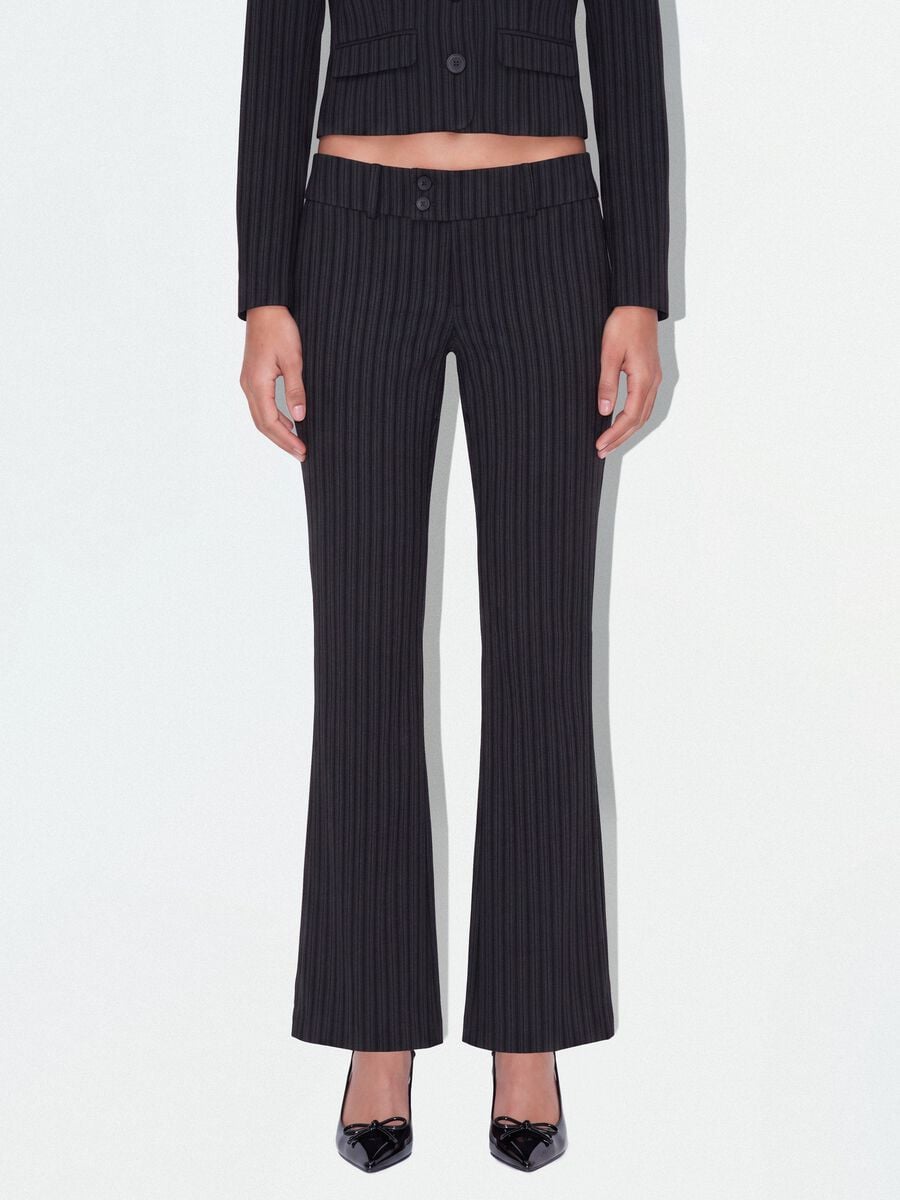 Black flared stretch viscose pinstripe trousers_1