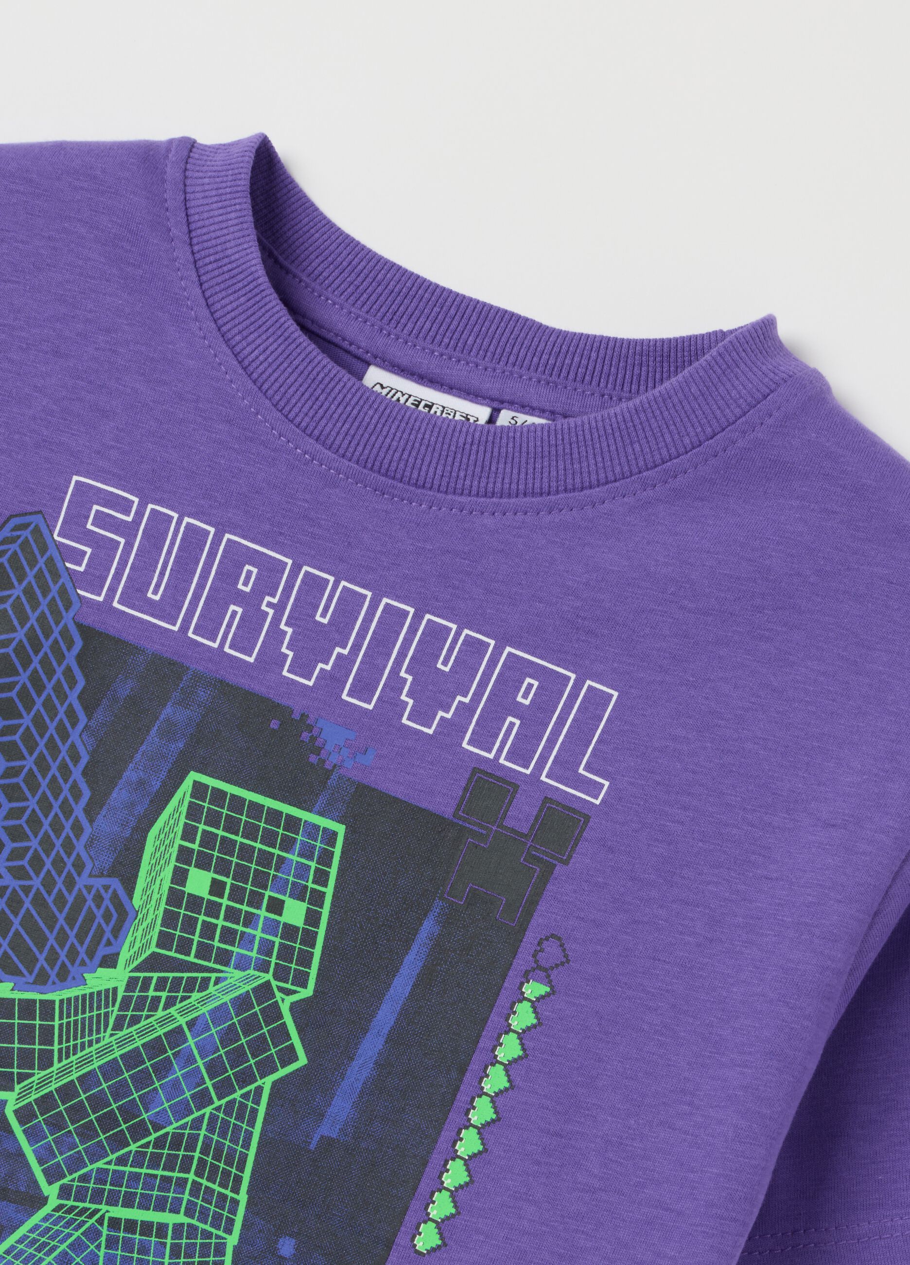 T-shirt da bambino in puro cotone viola regular fit con stampa Minecraft