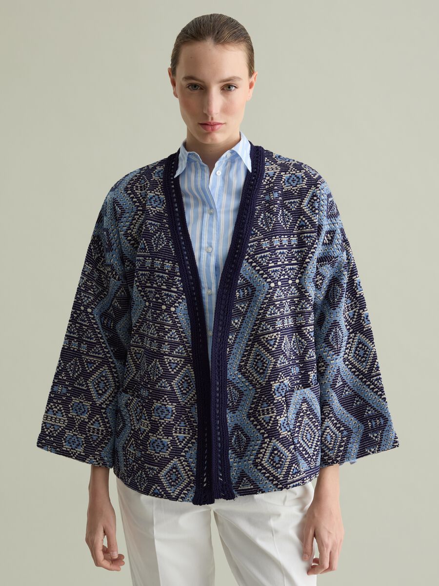 Kimono jacket with geometric jacquard pattern_0