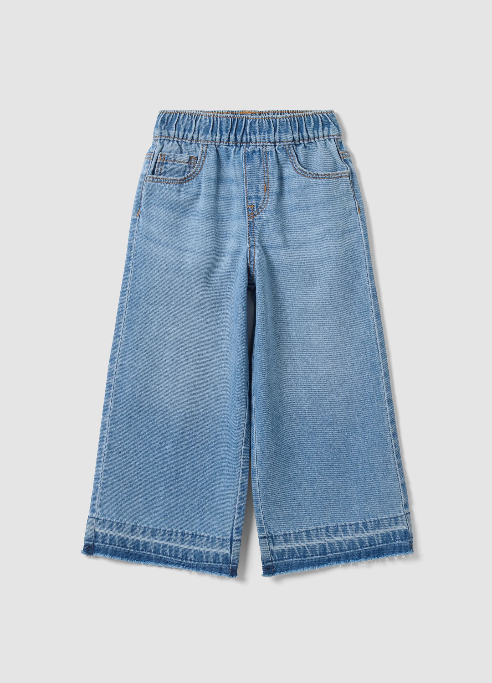 Light Blue Wide-Leg 100% Cotton Jeans with Elasticated Waistband for Girls