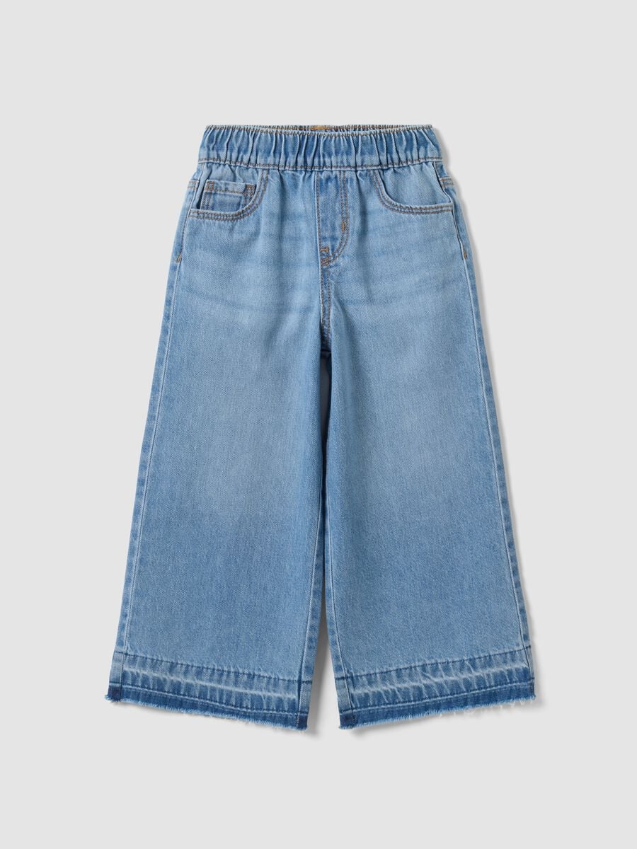 Jeans azzurri wide leg in puro cotone con vita elasticizzata per bambina_0
