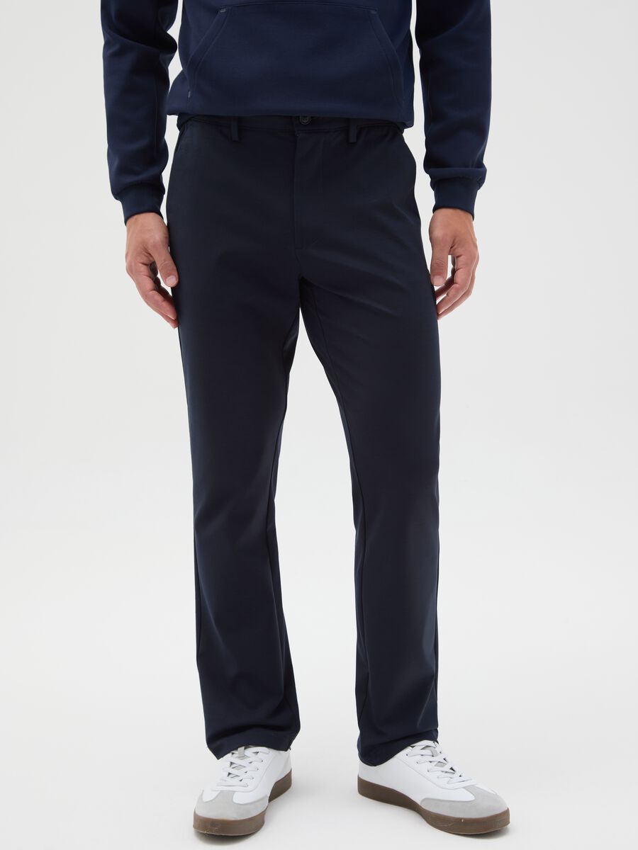 Blue cotton blend regular fit chino trousers_1