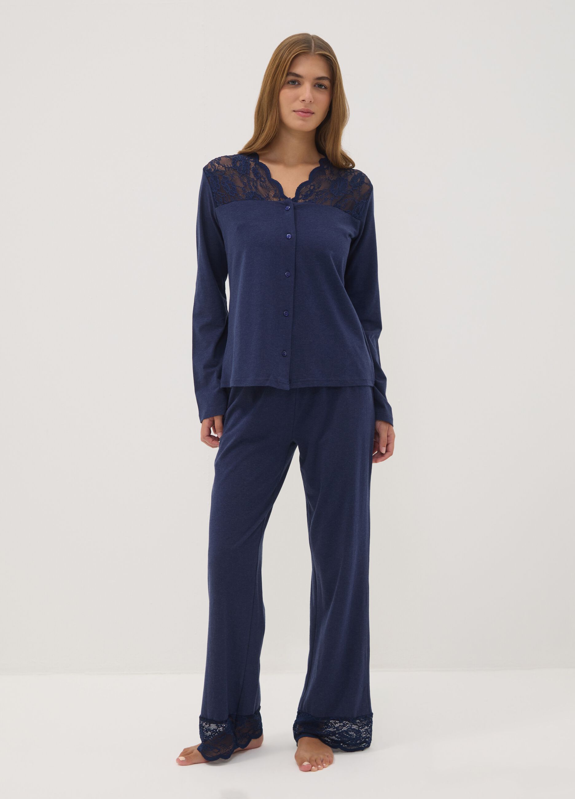 Maglia pigiama blu con scollo a V in cotone, lyocell e lana elasticizzata