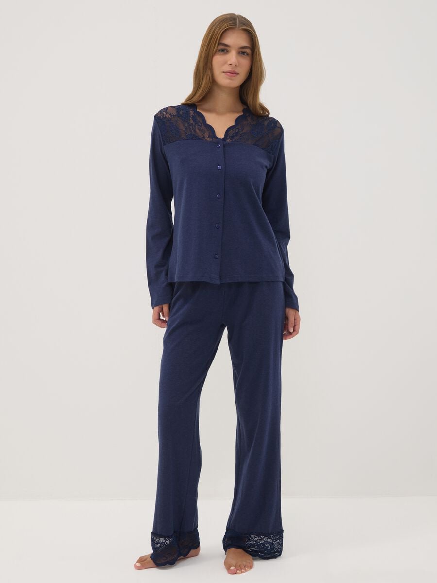 Maglia pigiama blu con scollo a V in cotone, lyocell e lana elasticizzata_0