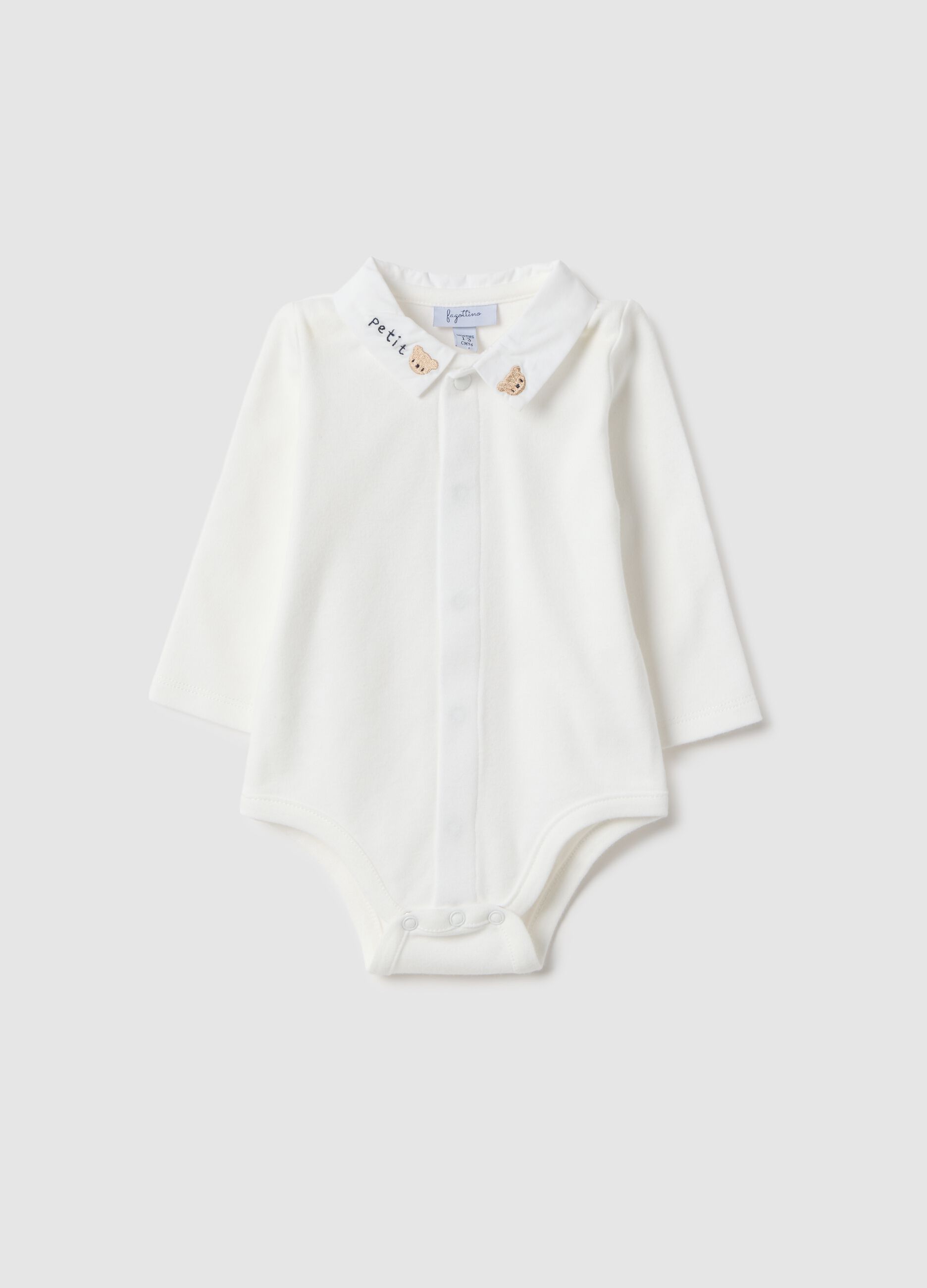 White pure cotton bodysuit for newborns with pointed collar and embroidery