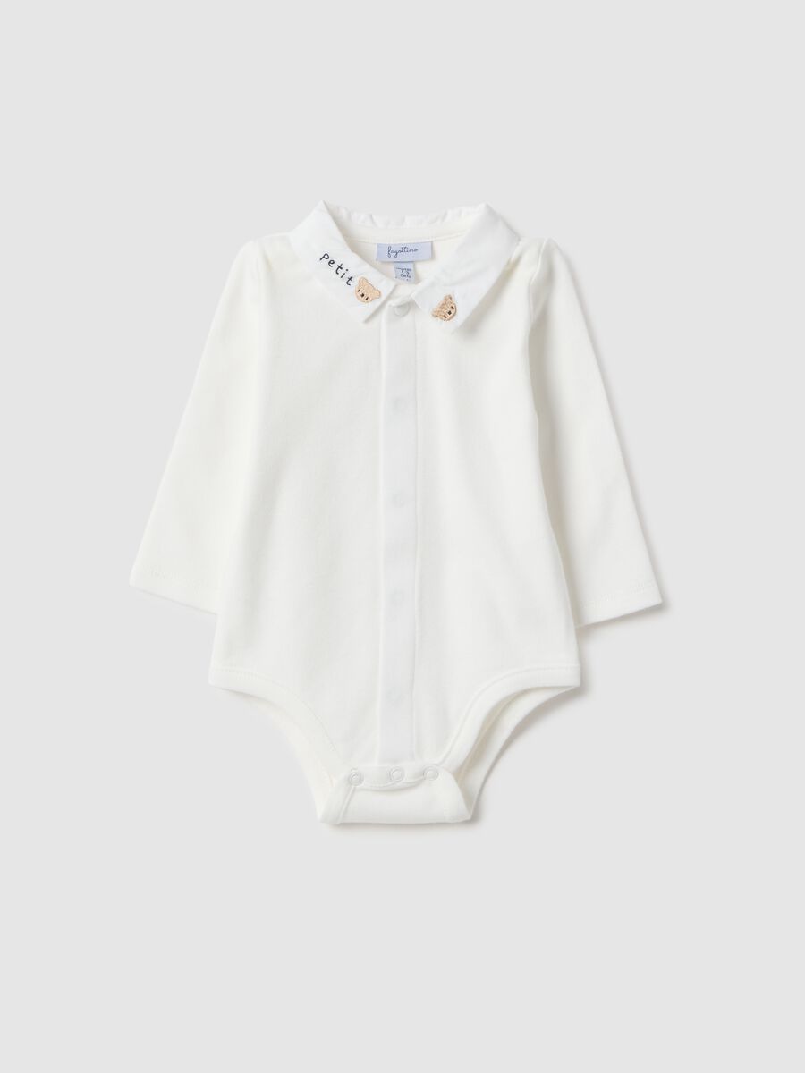 White pure cotton bodysuit for newborns with pointed collar and embroidery_0