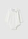 White pure cotton bodysuit for newborns with pointed collar and embroidery_0