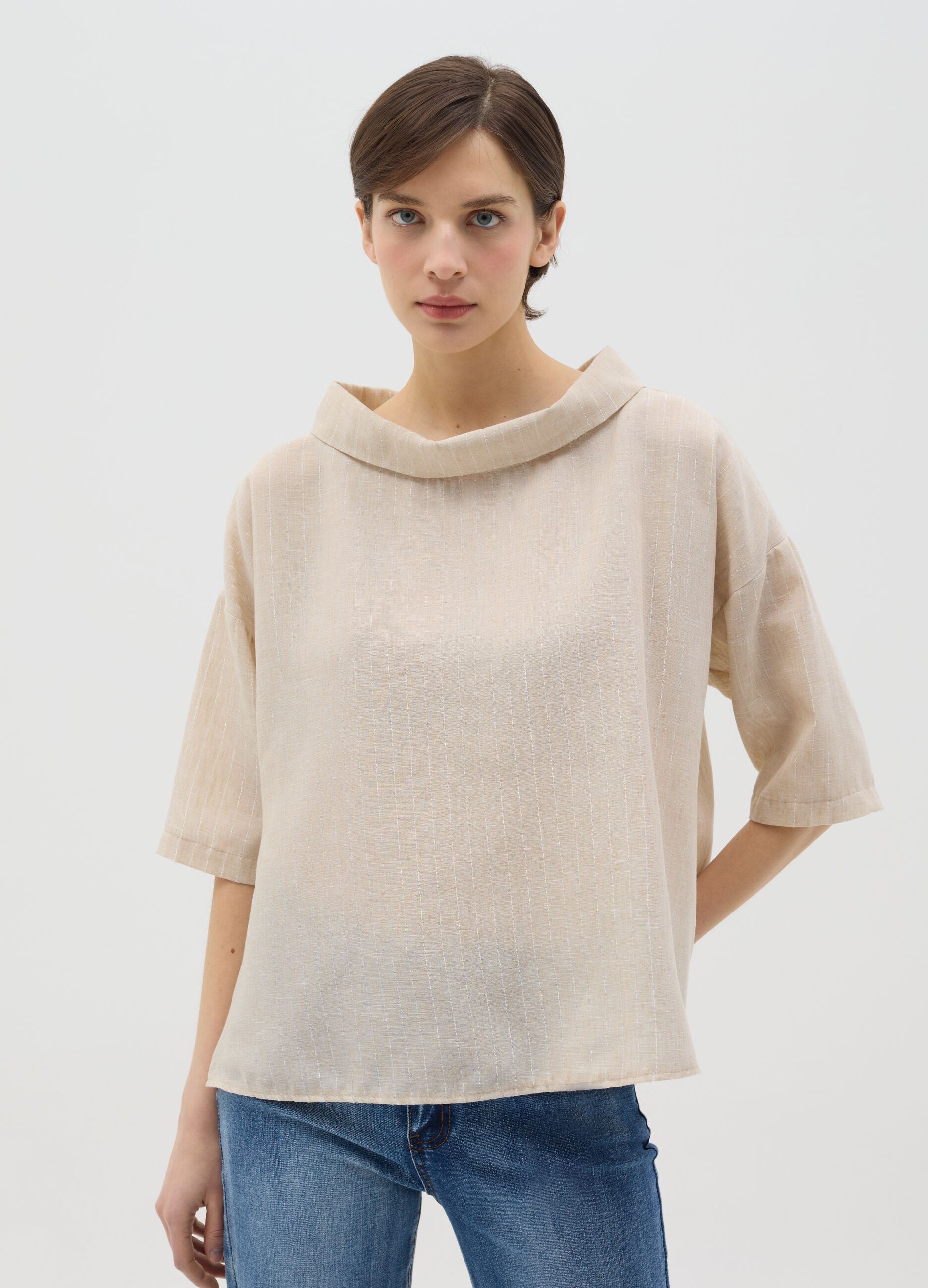 Beige pinstriped top in lurex with cowl neck