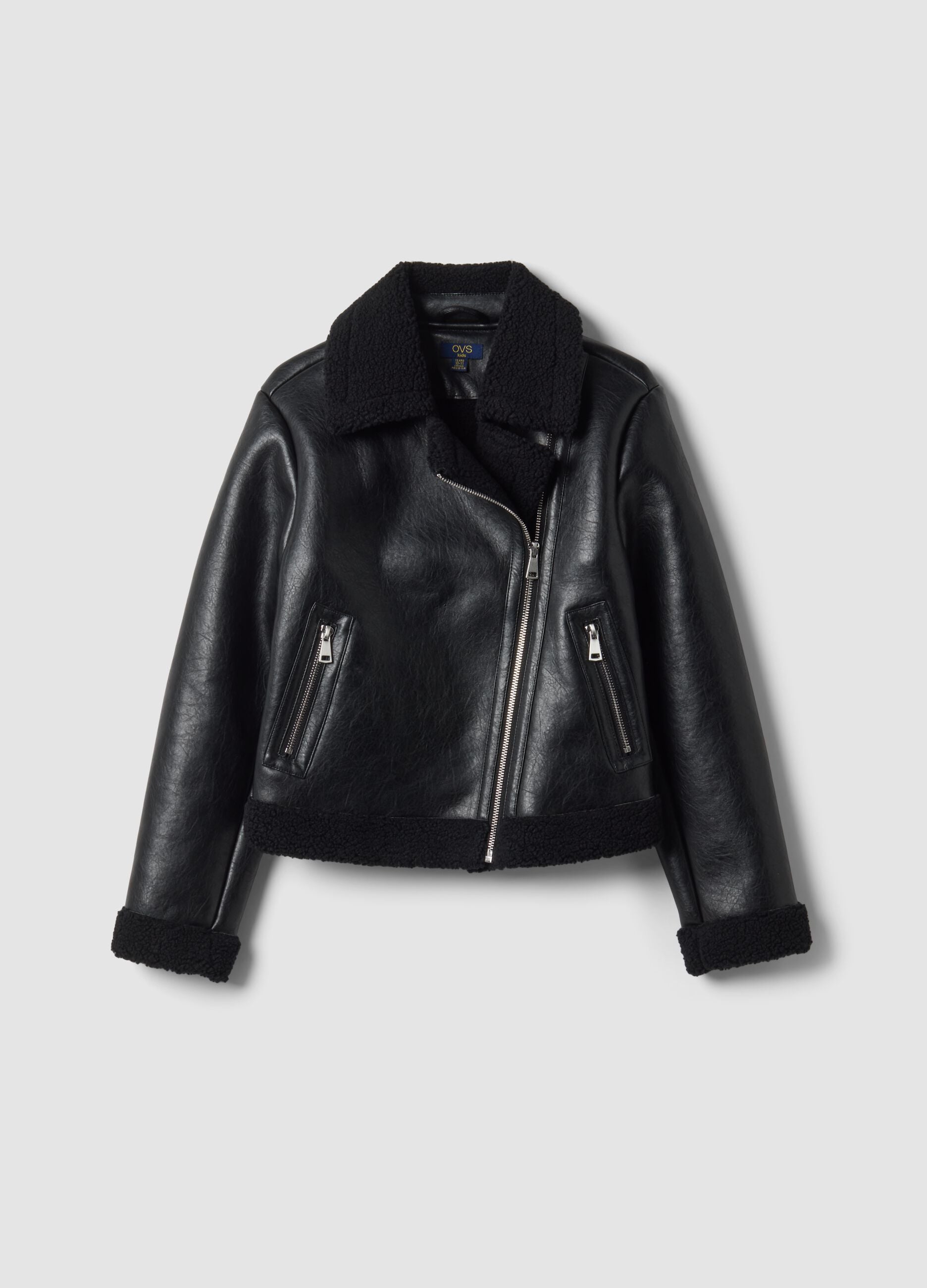 Black aviator-style jacket with diagonal zip