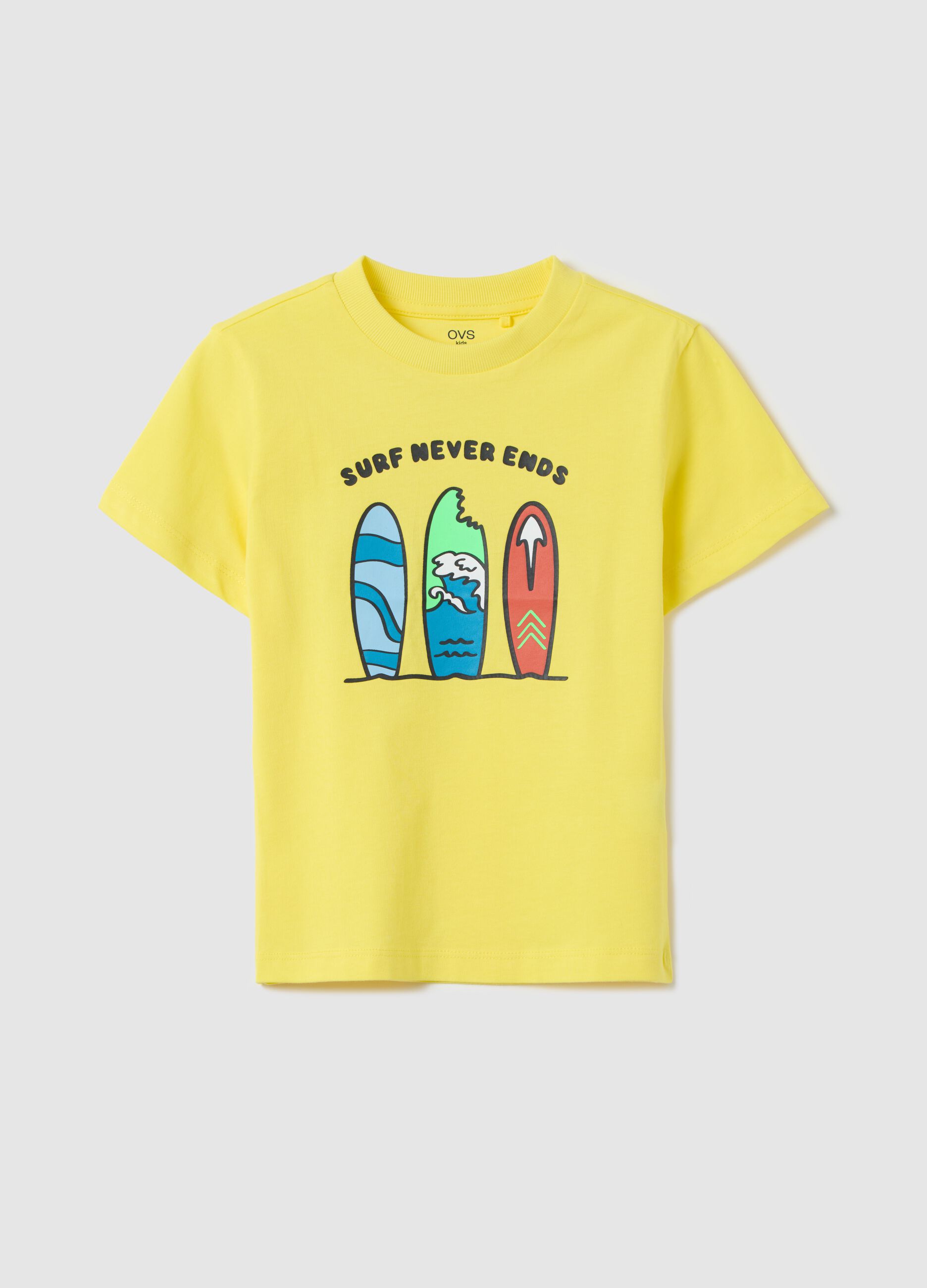 Yellow cotton T-shirt with "Surf Never Ends" print