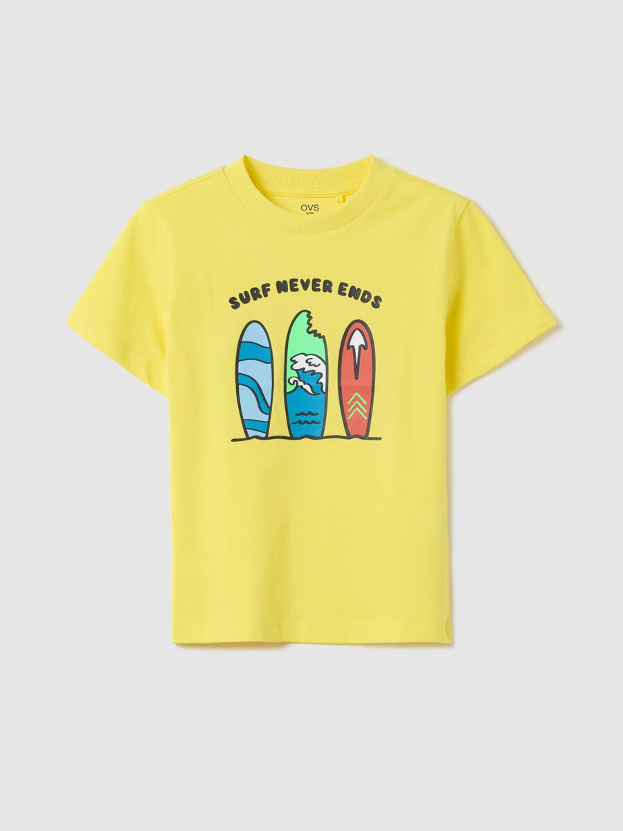 Yellow cotton T-shirt with "Surf Never Ends" print_0
