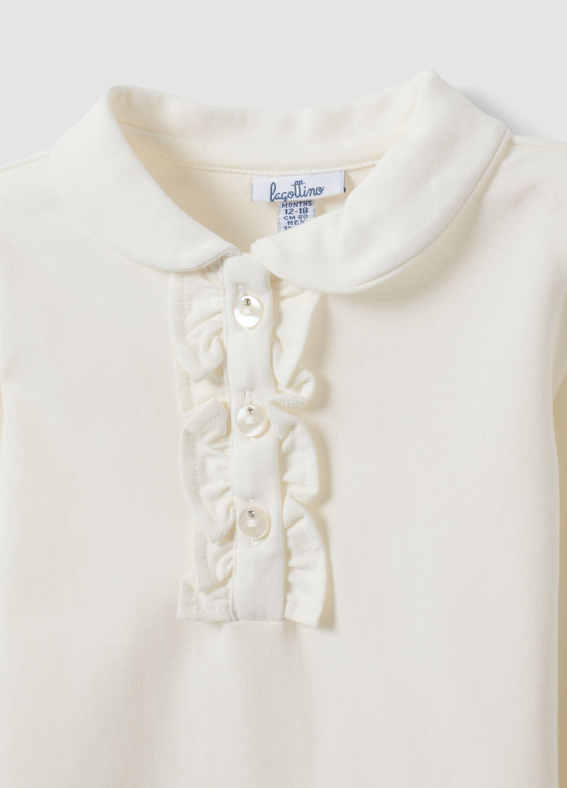 White organic stretch cotton polo shirt with collar for baby girl