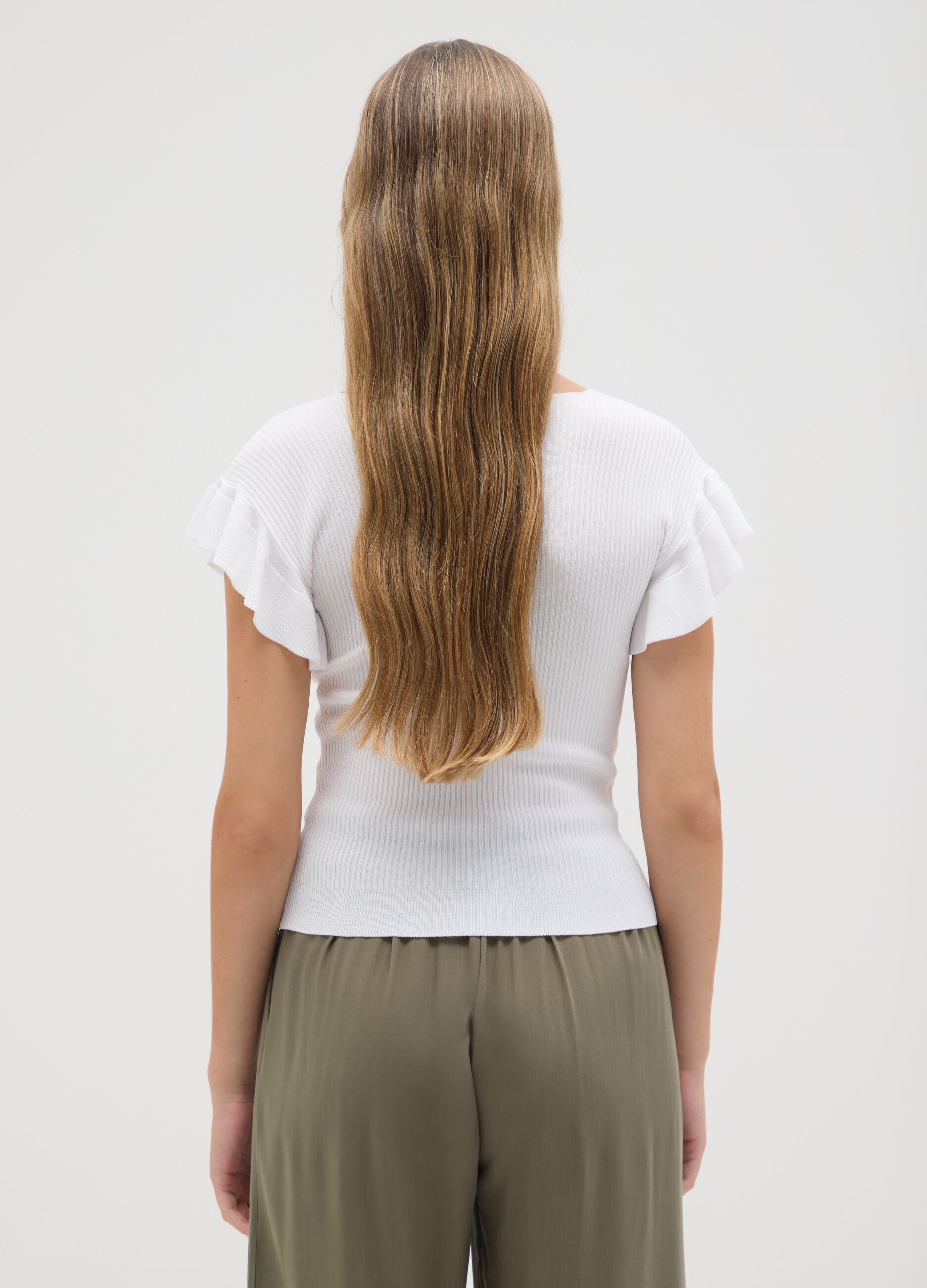 Women's white regular fit t-shirt with ruffles