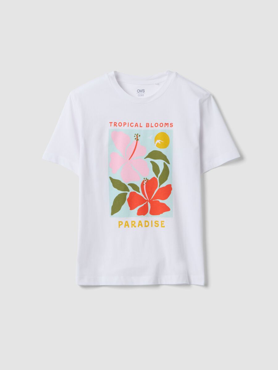 White pure cotton T-shirt with floral print, regular fit_0