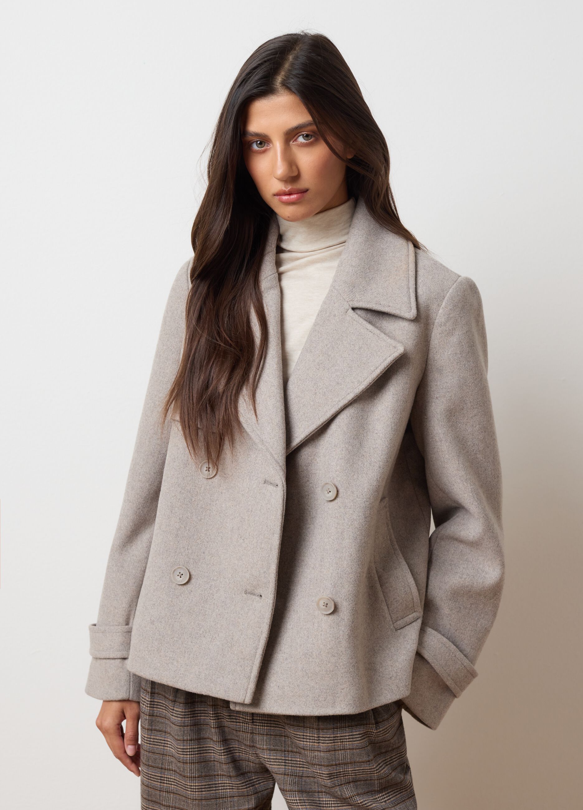 Beige wool-blend regular fit coat with hood