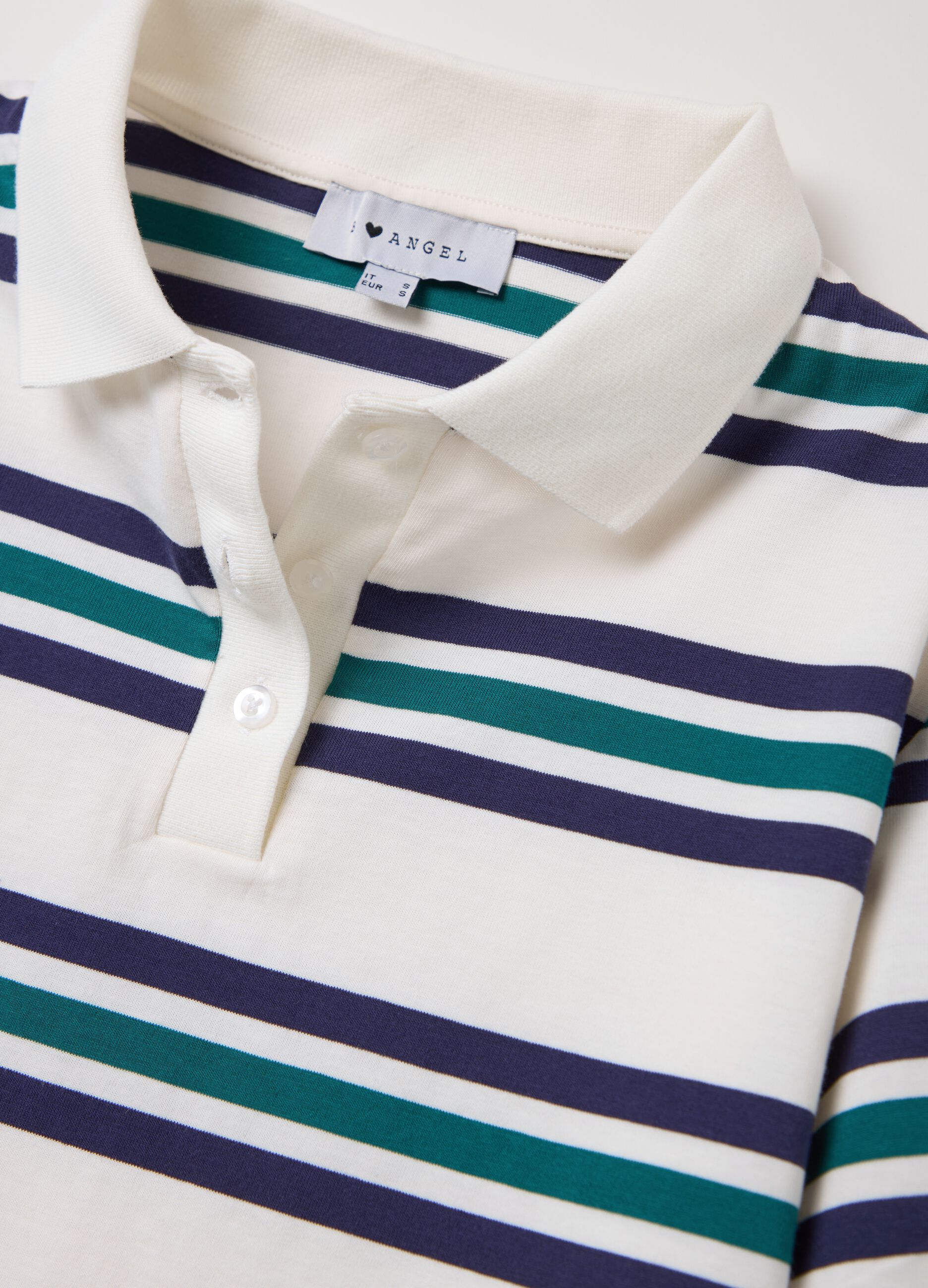 Green and white striped polo shirt