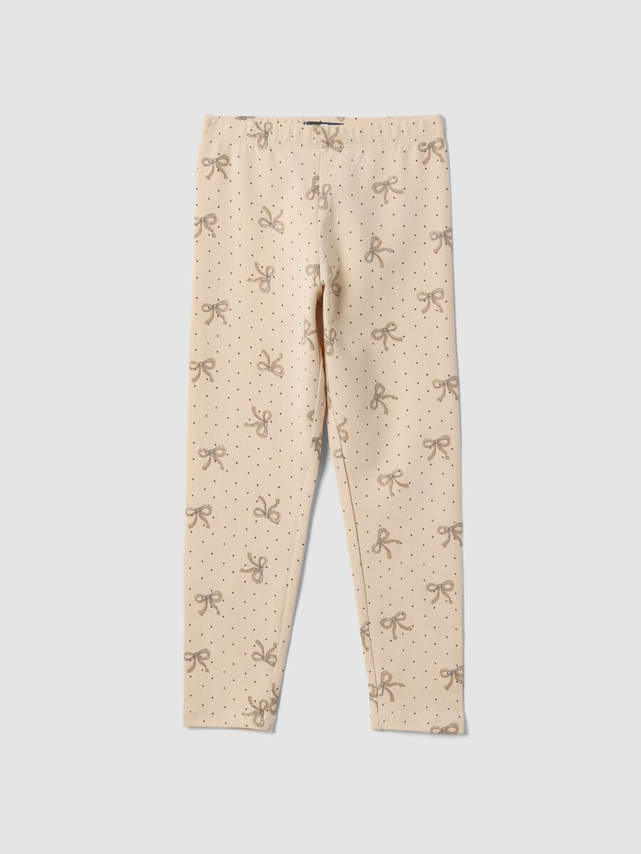 Beige skinny organic stretch cotton leggings with bows for girls_0