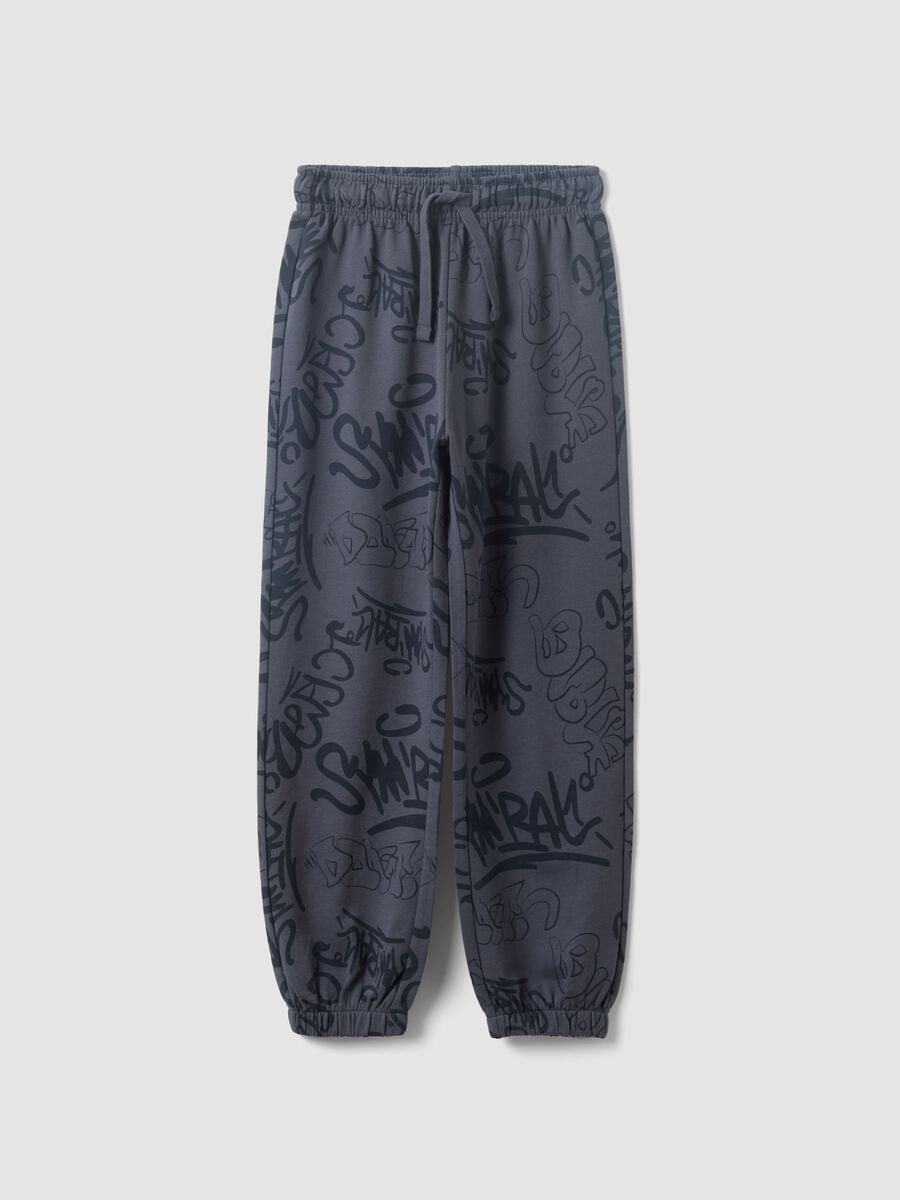 Grey oversized cotton jogger trousers with all-over print for boys_0
