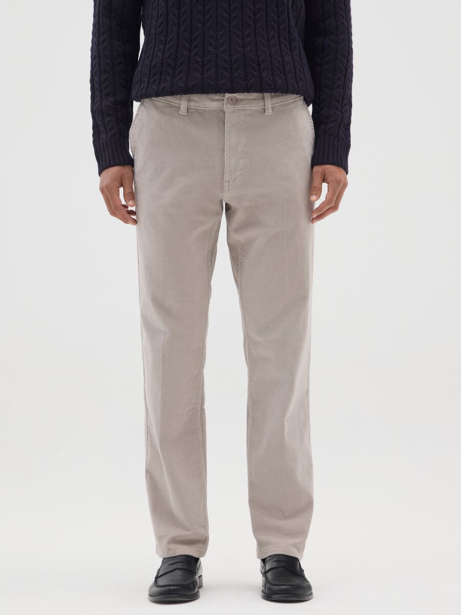 Beige corduroy cotton stretch trousers, regular fit_1
