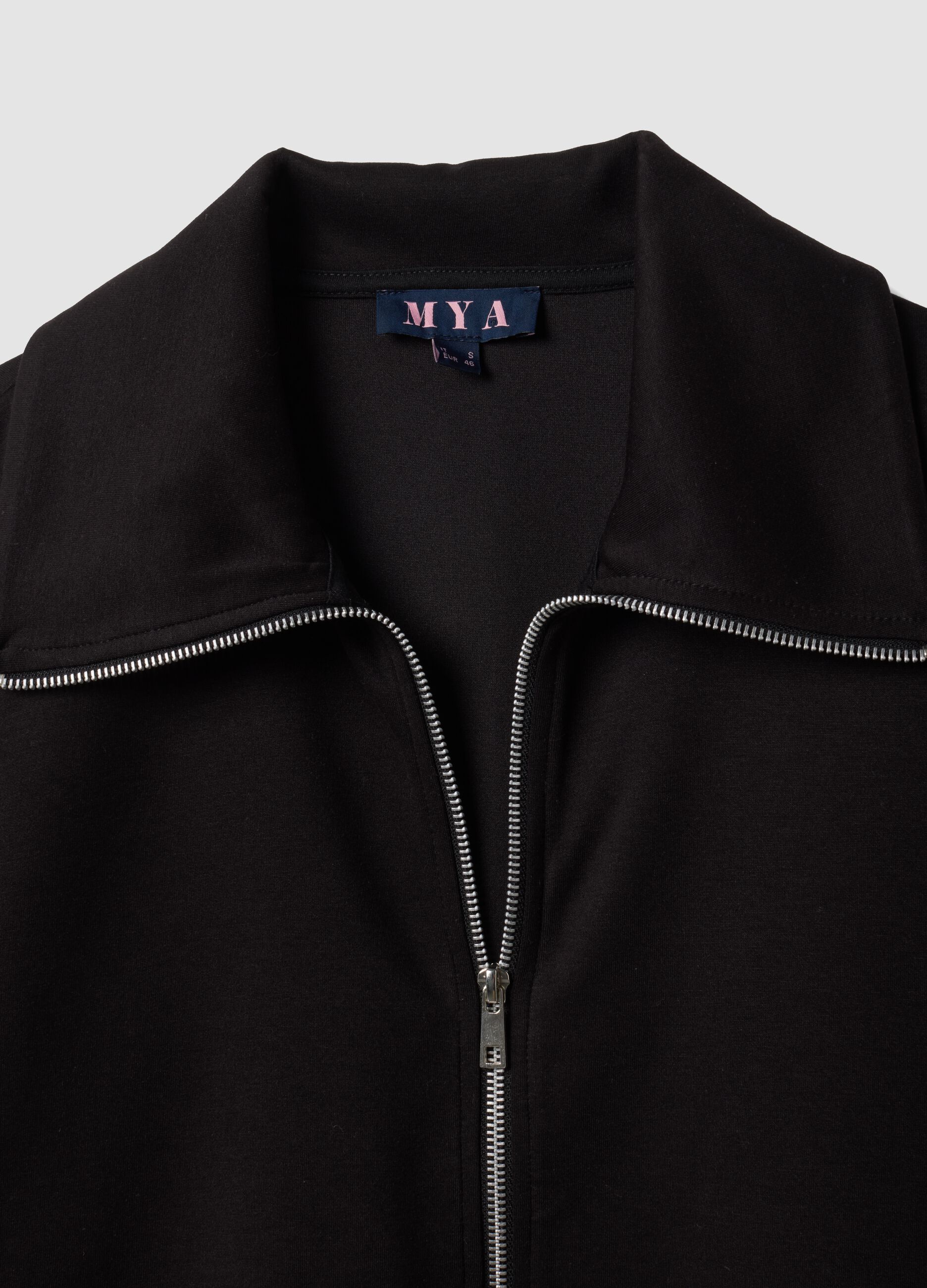 Black full-zip stretch viscose sweatshirt with collar