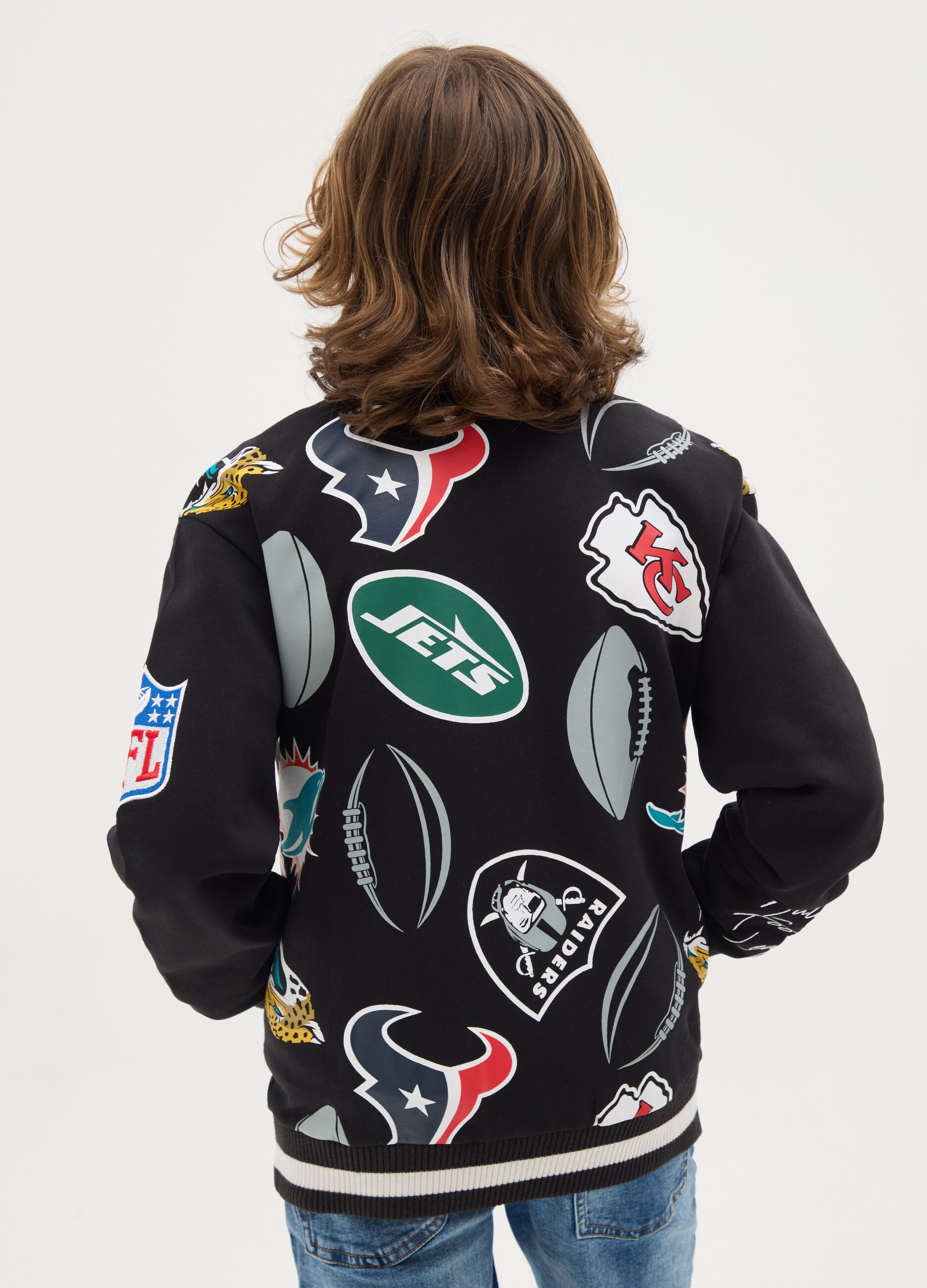 Varsity bomber jacket with all-over NBA team logos print