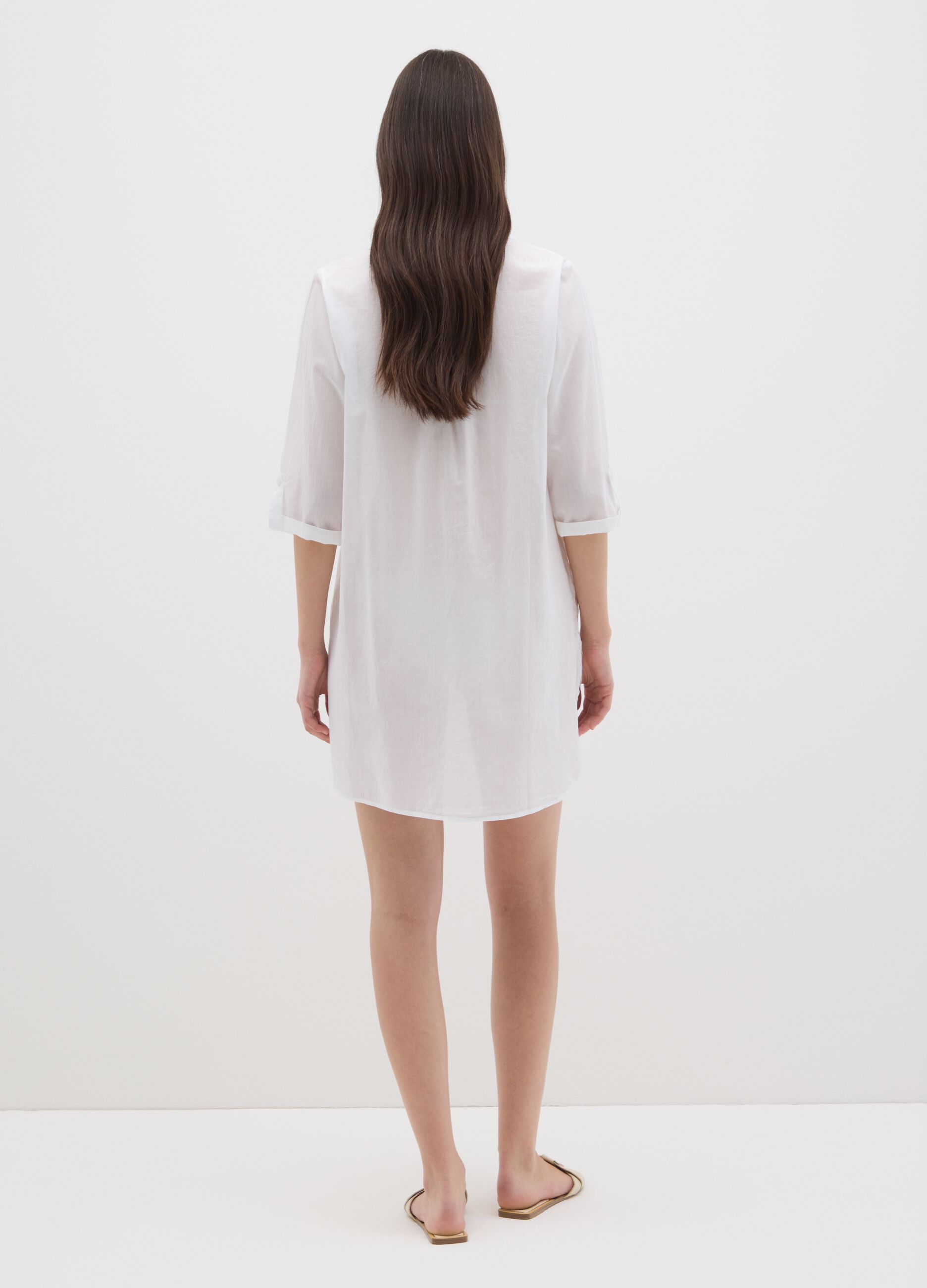 Copricostume da donna in puro cotone bianco regular fit con scollo a V
