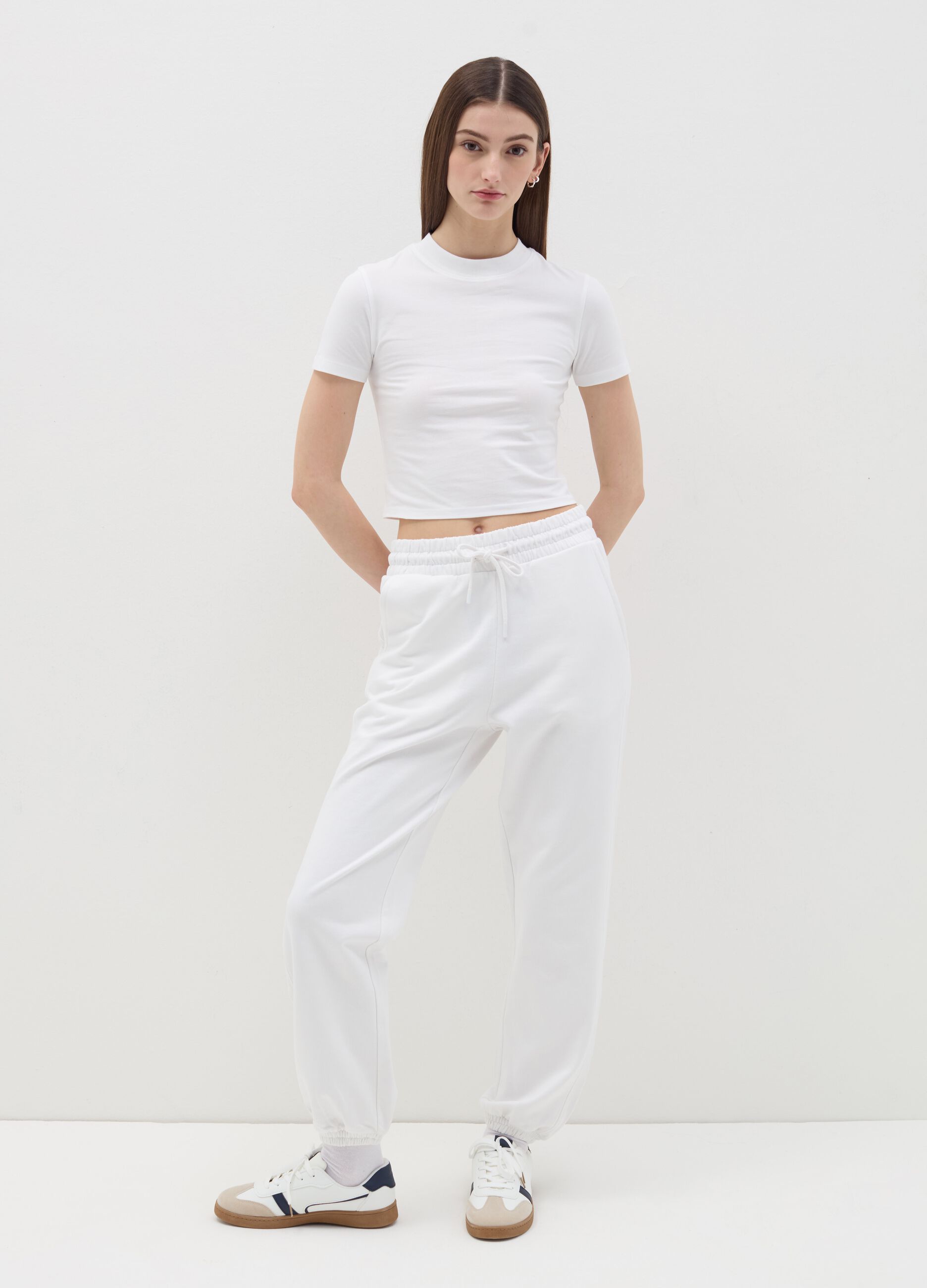 Stretch cotton T-shirt with mock neck
