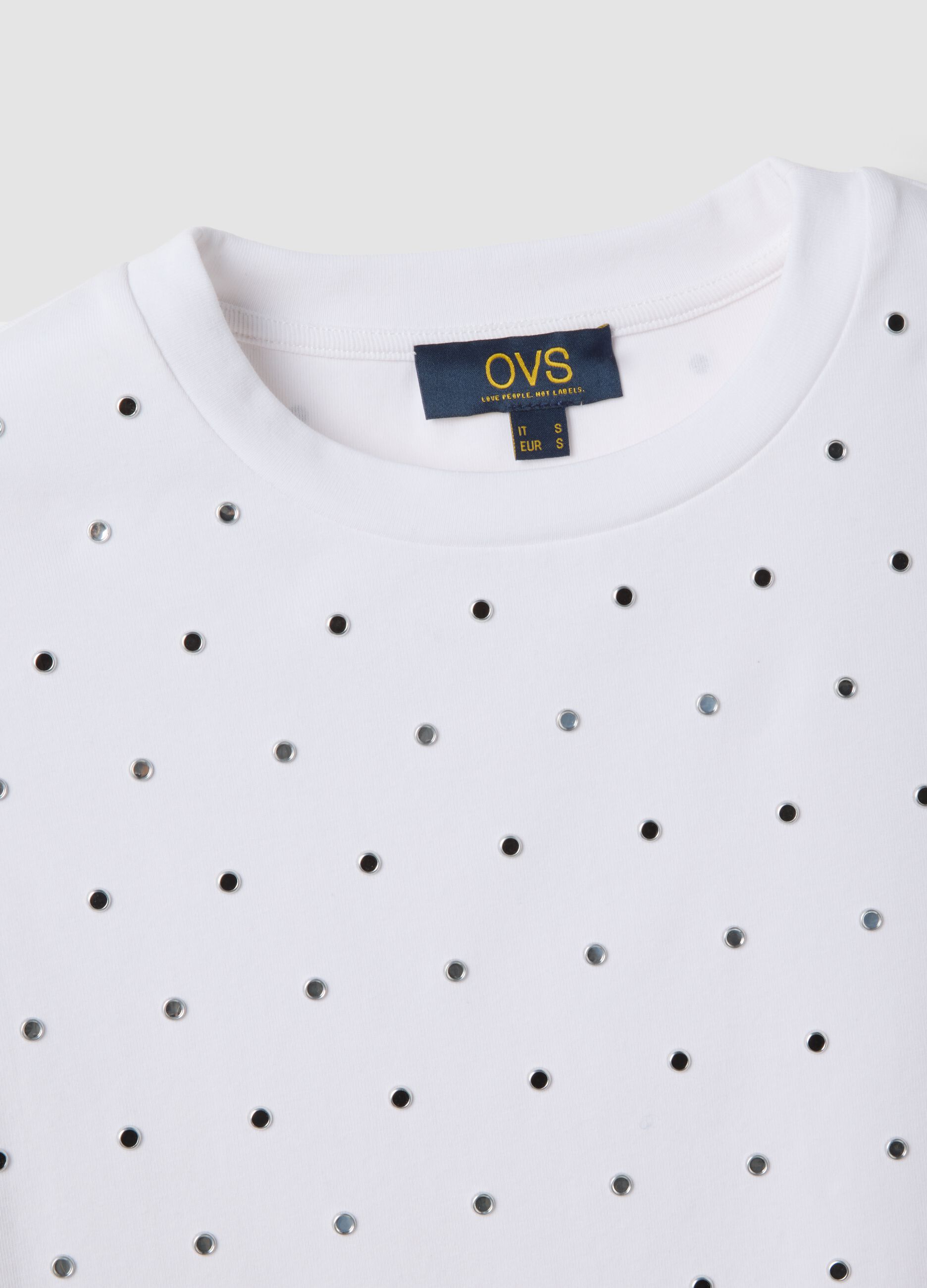 White stretch-cotton T-shirt with studs, regular fit