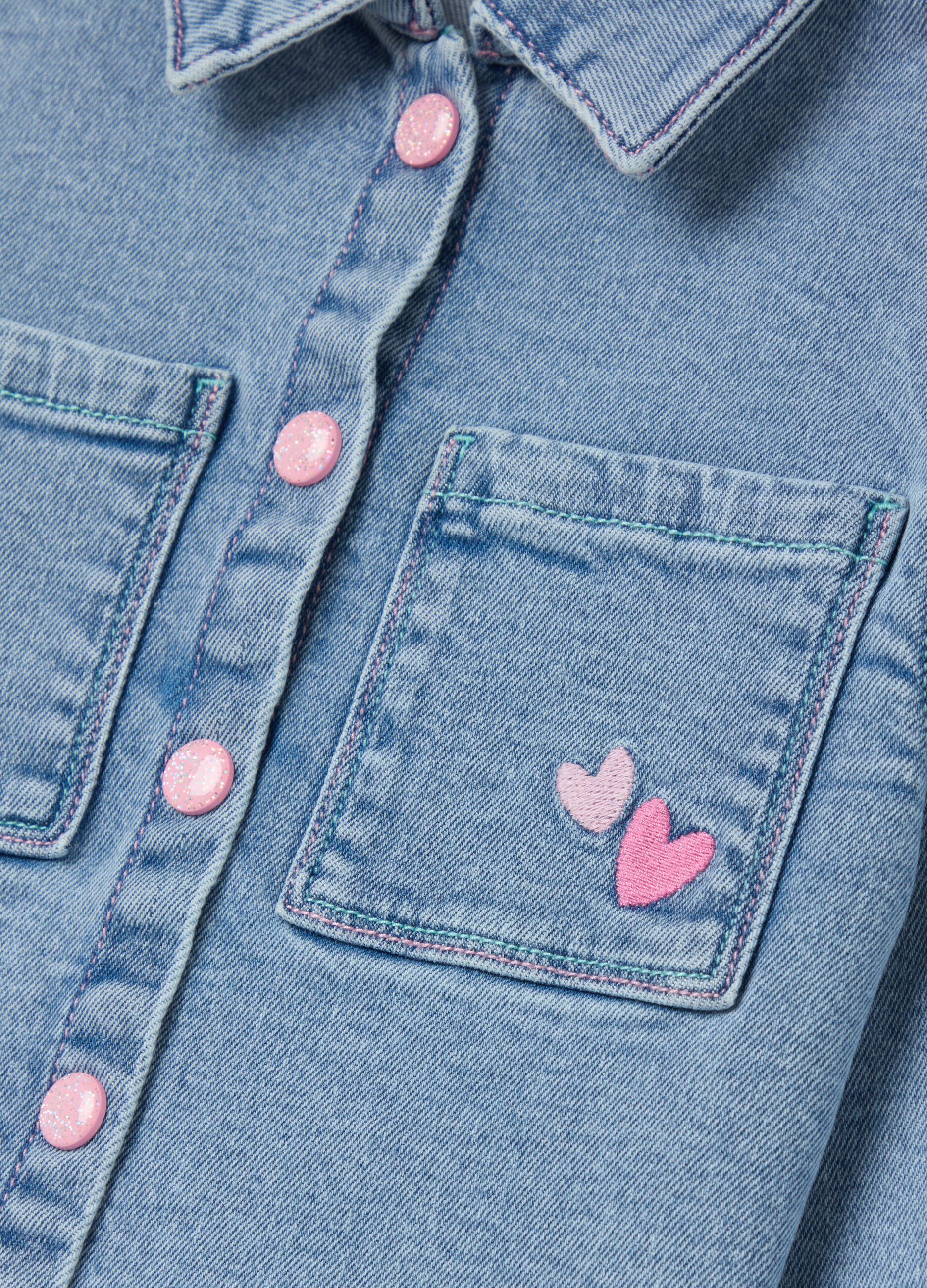 Denim jacket with pockets and hearts embroidery