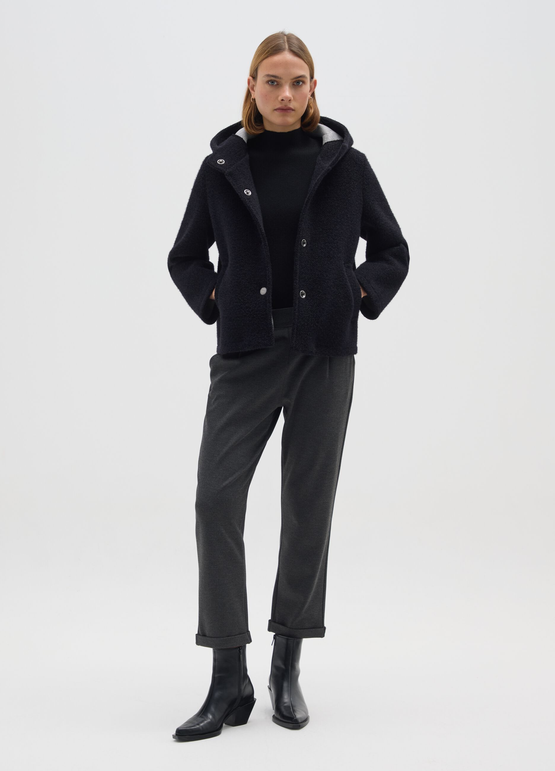 Black regular fit coat with hood and buttons