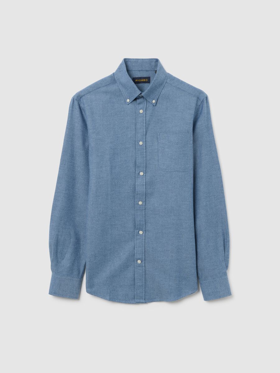 Camicia in puro cotone blu regular fit in flanella_0