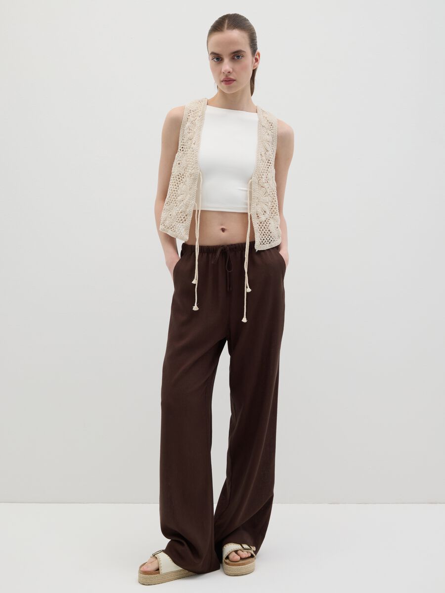 Brown wide-leg trousers in linen and viscose_0