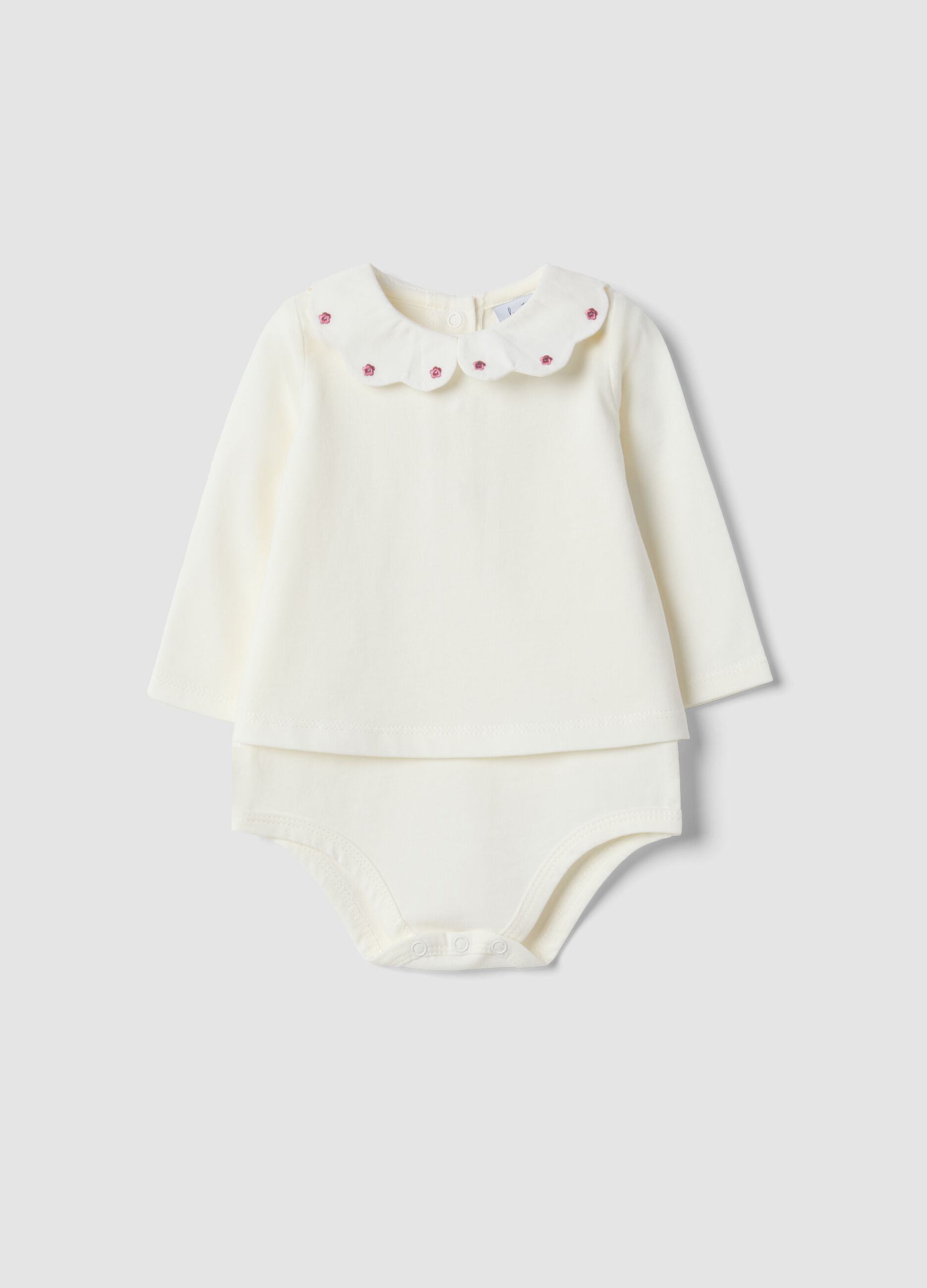 White pure organic cotton bodysuit with collar