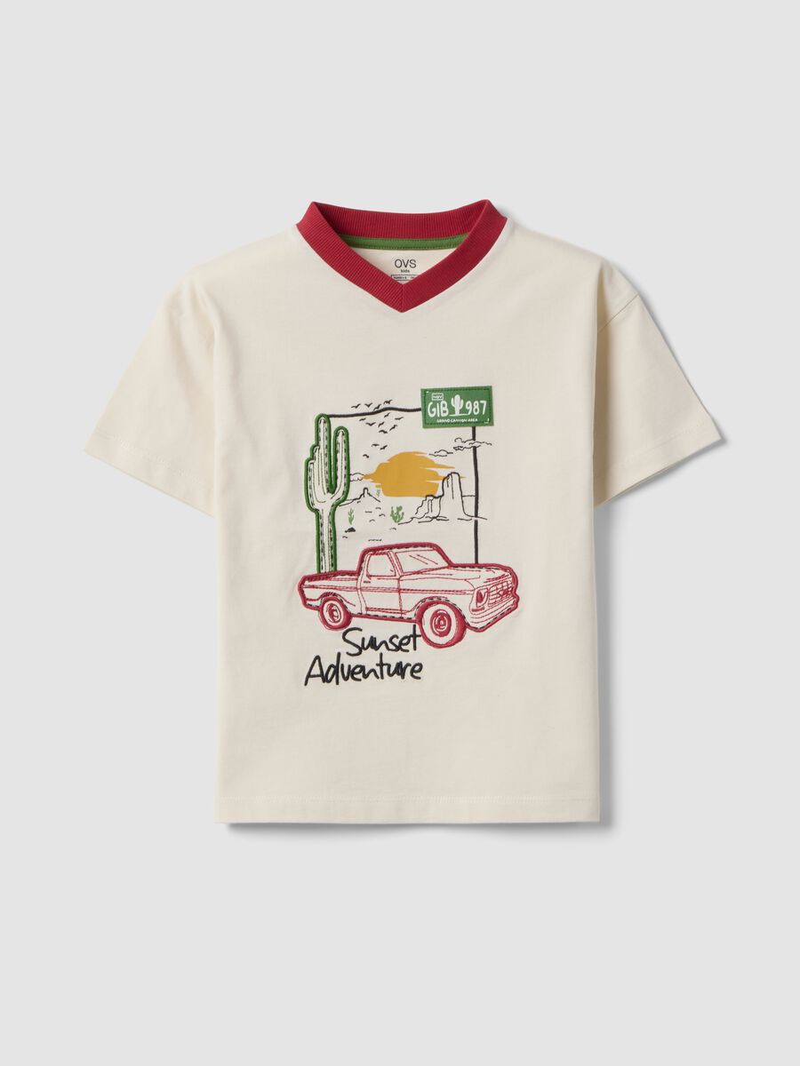 Beige pure cotton T-shirt with adventure print_0